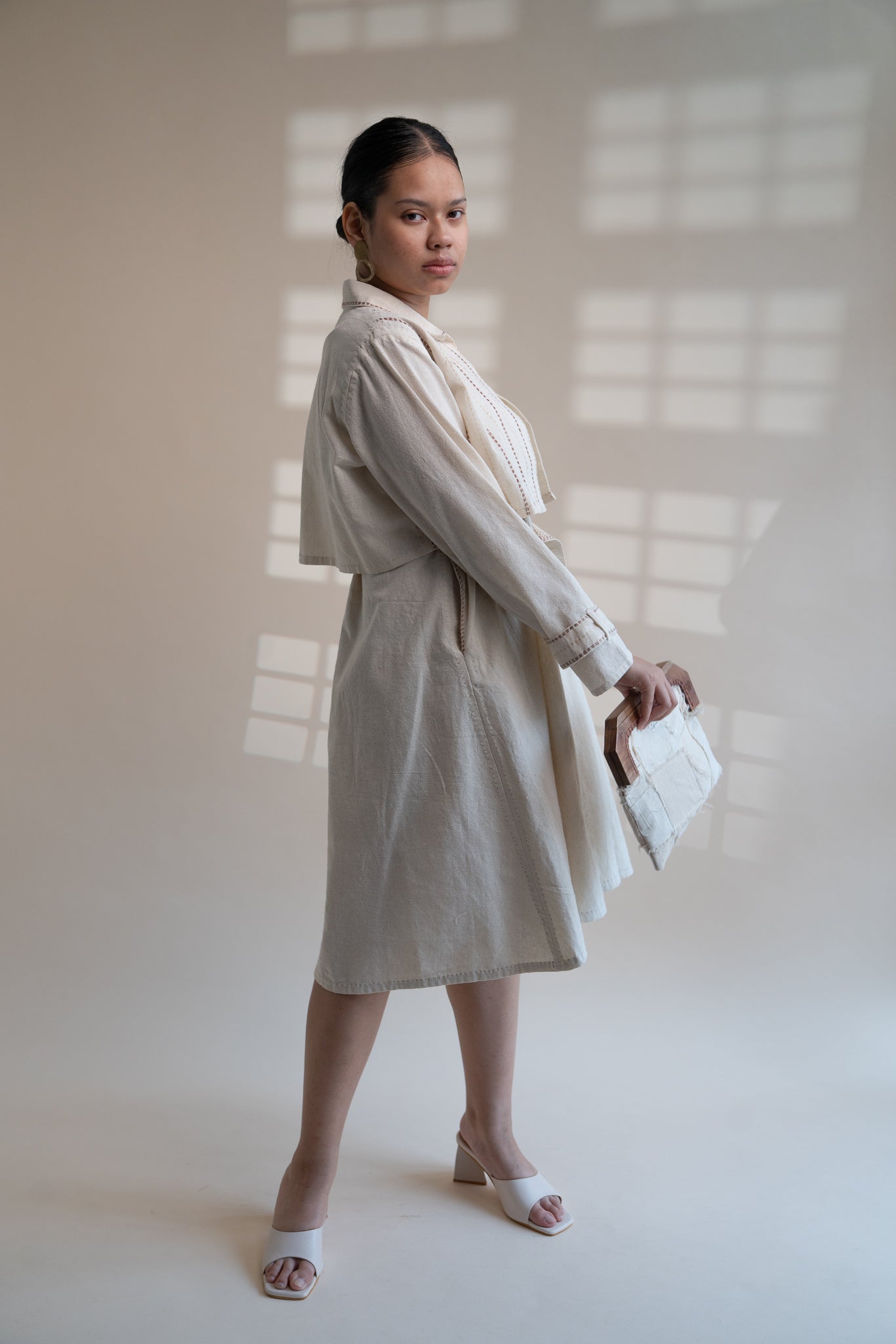 Dawning Trench Dress with Cropped Jacket by Lafaani with Beige, Casual Wear, Co-ord Sets, Dawning by Lafaani, Denim, Embroidered, Hand Woven Cotton, Kora, Natural, Regular Fit, Vacation, Vacation Co-ords, Womenswear at Kamakhyaa for sustainable fashion
