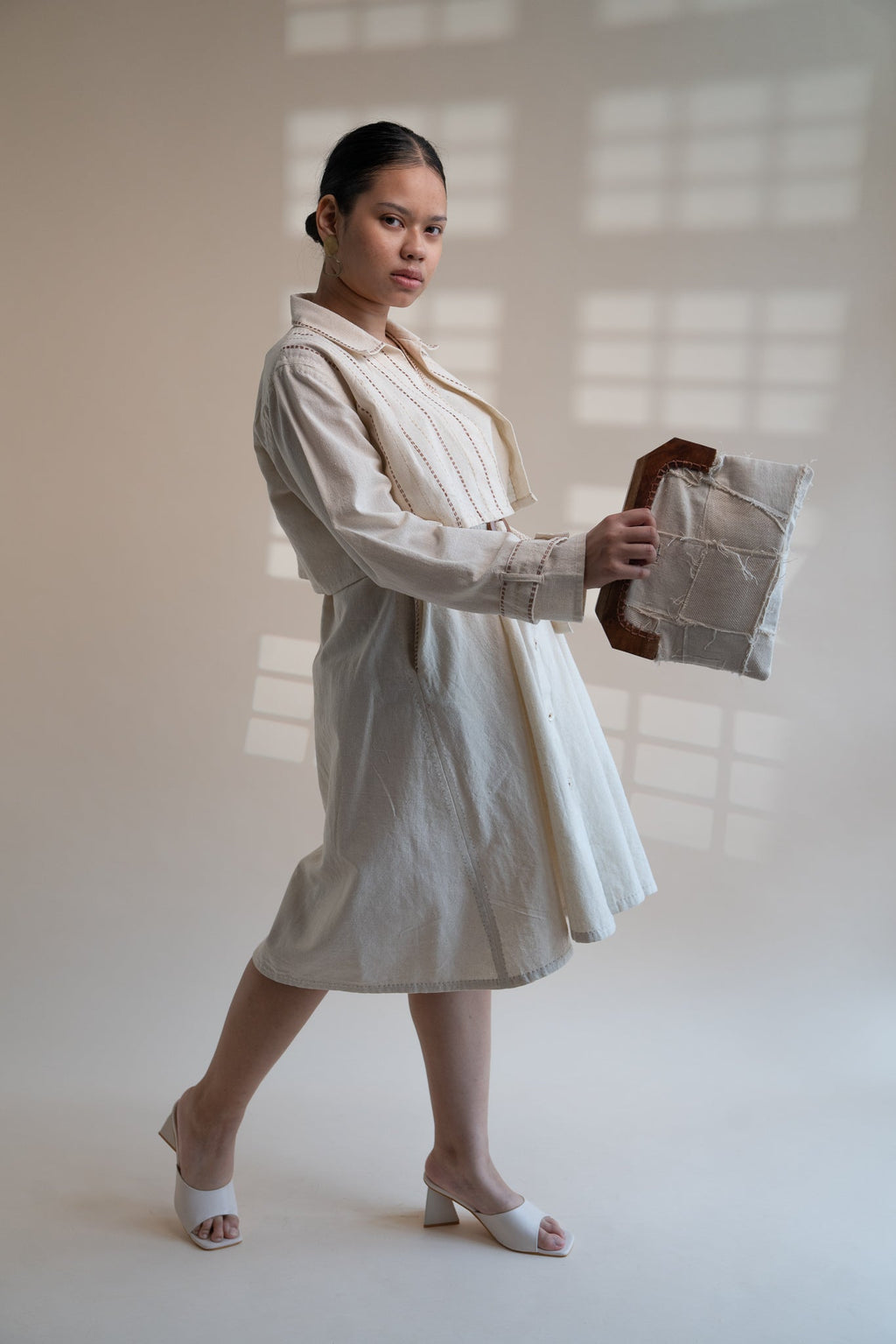 Dawning Trench Dress with Cropped Jacket by Lafaani with Beige, Casual Wear, Co-ord Sets, Dawning by Lafaani, Denim, Embroidered, Hand Woven Cotton, Kora, Natural, Regular Fit, Vacation, Vacation Co-ords, Womenswear at Kamakhyaa for sustainable fashion