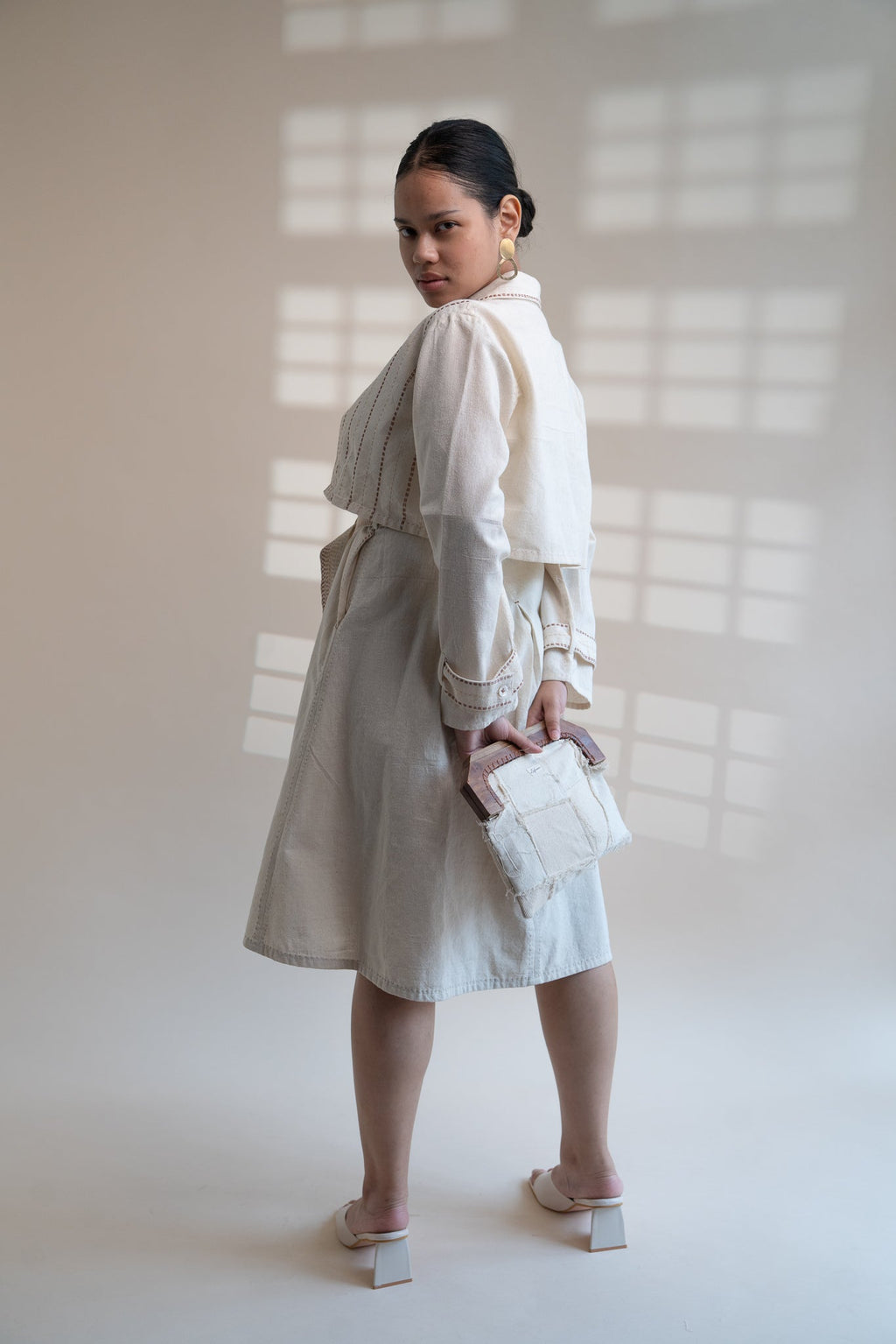 Dawning Trench Dress with Cropped Jacket by Lafaani with Beige, Casual Wear, Co-ord Sets, Dawning by Lafaani, Denim, Embroidered, Hand Woven Cotton, Kora, Natural, Regular Fit, Vacation, Vacation Co-ords, Womenswear at Kamakhyaa for sustainable fashion