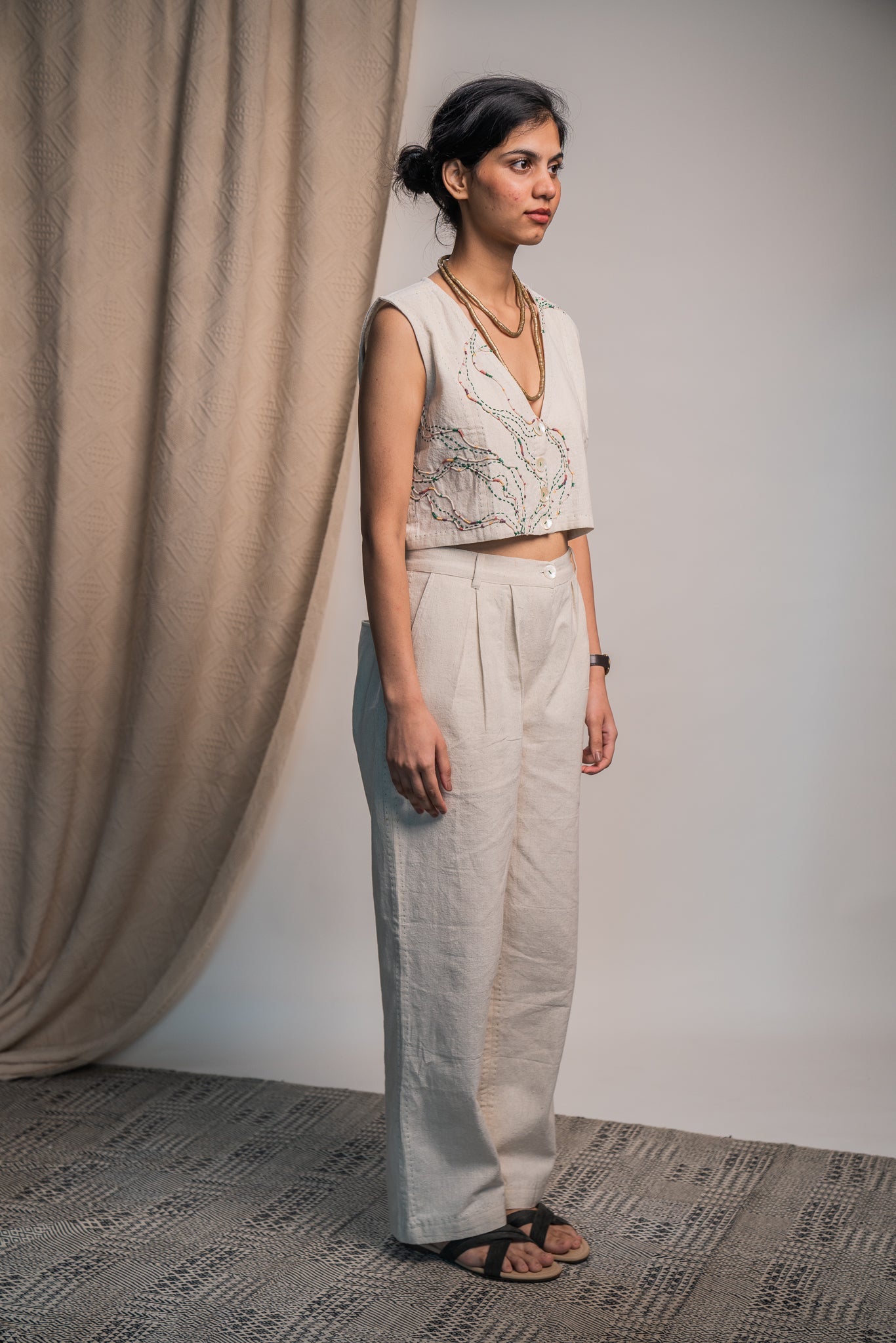Cropped Blouse & Pants set by Lafaani with 100% pure cotton, Casual Wear, Embroidered, Kora, Organic, Regular Fit, Rewind, Rewind by Lafaani, Solids, Travel Co-ords, Undyed and Unbleached, Womenswear at Kamakhyaa for sustainable fashion