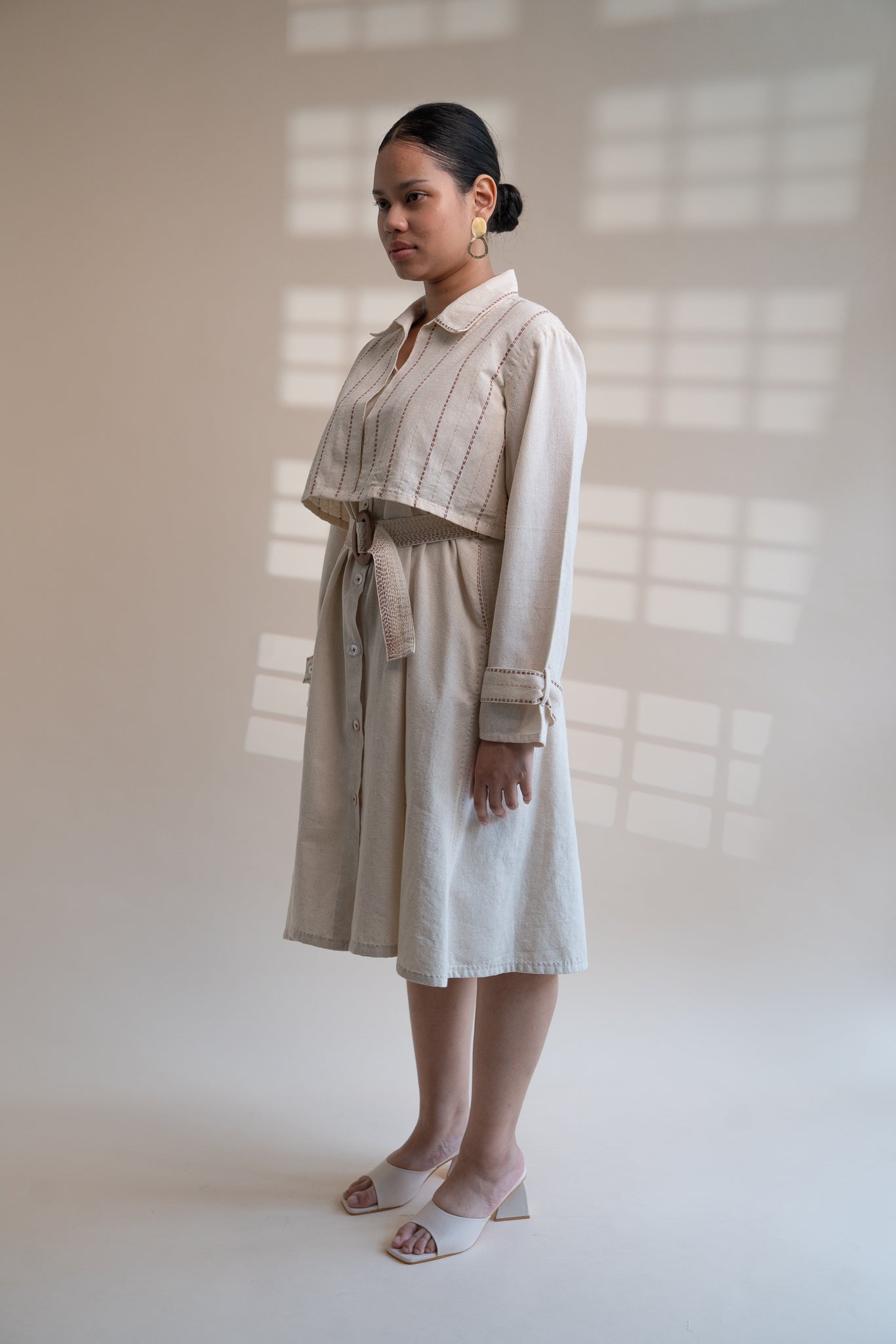 Dawning Trench Dress with Cropped Jacket by Lafaani with Beige, Casual Wear, Co-ord Sets, Dawning by Lafaani, Denim, Embroidered, Hand Woven Cotton, Kora, Natural, Regular Fit, Vacation, Vacation Co-ords, Womenswear at Kamakhyaa for sustainable fashion