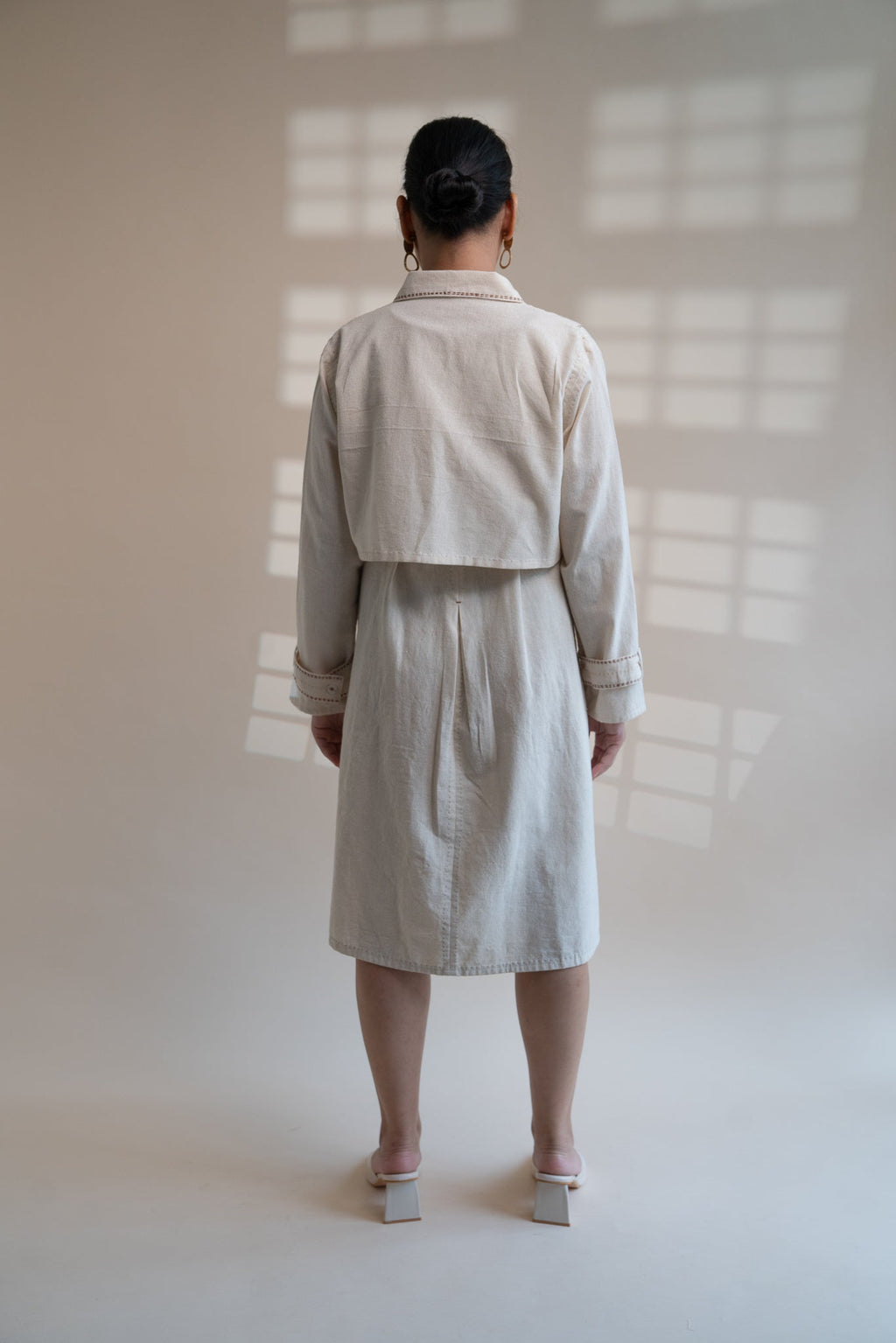 Dawning Trench Dress with Cropped Jacket by Lafaani with Beige, Casual Wear, Co-ord Sets, Dawning by Lafaani, Denim, Embroidered, Hand Woven Cotton, Kora, Natural, Regular Fit, Vacation, Vacation Co-ords, Womenswear at Kamakhyaa for sustainable fashion