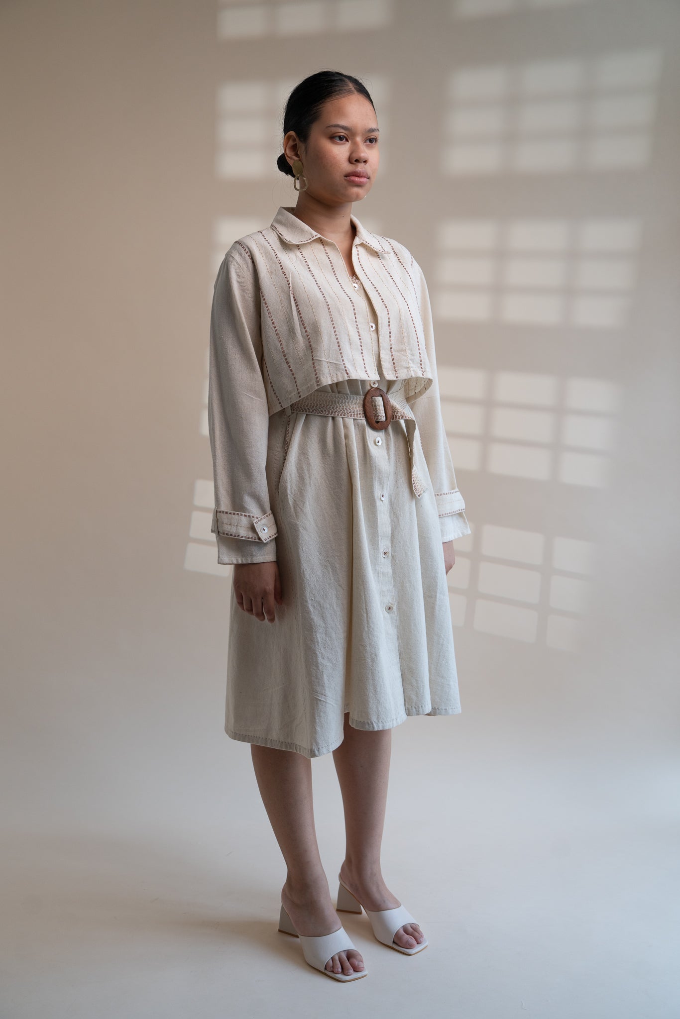 Dawning Trench Dress with Cropped Jacket by Lafaani with Beige, Casual Wear, Co-ord Sets, Dawning by Lafaani, Denim, Embroidered, Hand Woven Cotton, Kora, Natural, Regular Fit, Vacation, Vacation Co-ords, Womenswear at Kamakhyaa for sustainable fashion