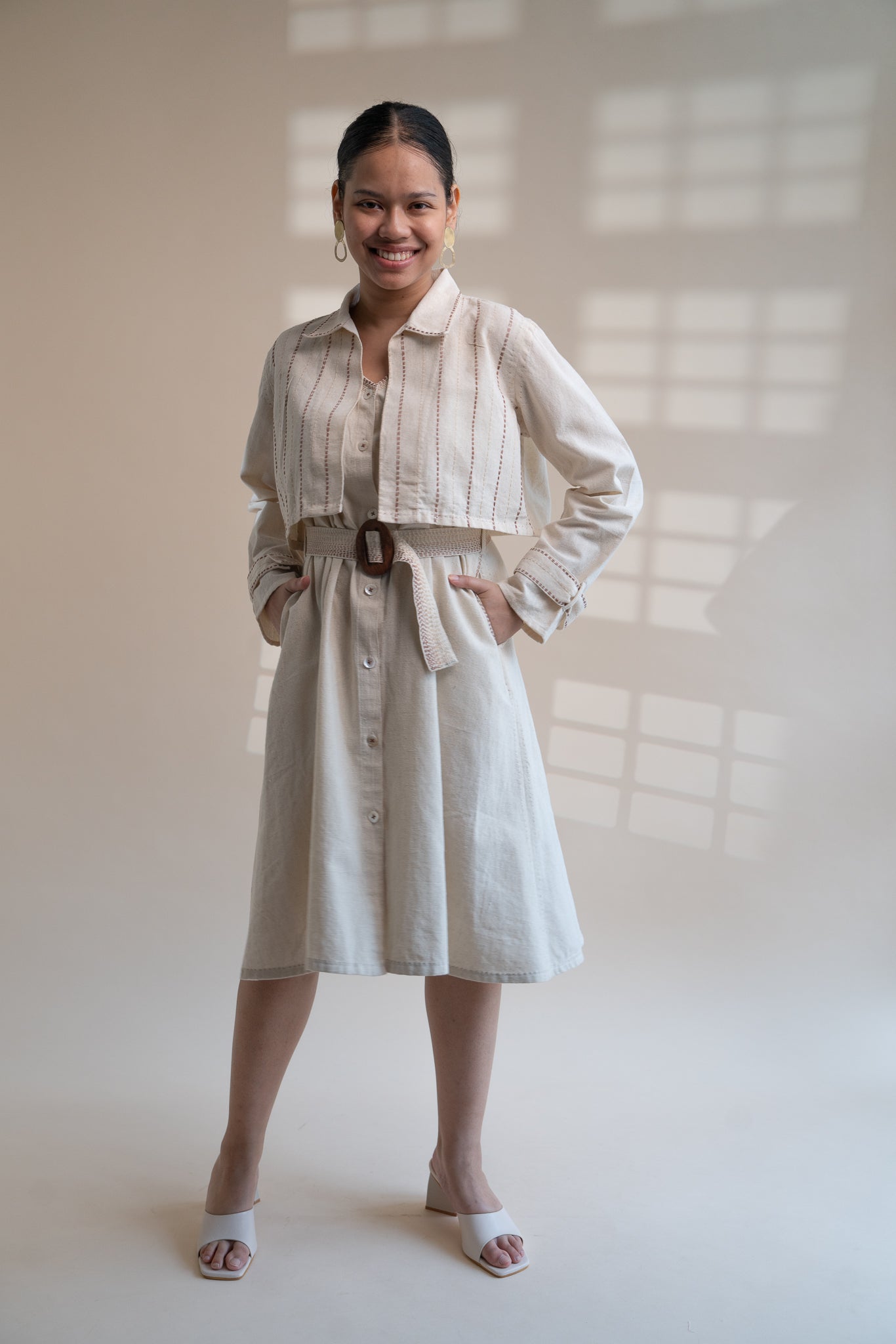 Dawning Trench Dress with Cropped Jacket by Lafaani with Beige, Casual Wear, Co-ord Sets, Dawning by Lafaani, Denim, Embroidered, Hand Woven Cotton, Kora, Natural, Regular Fit, Vacation, Vacation Co-ords, Womenswear at Kamakhyaa for sustainable fashion