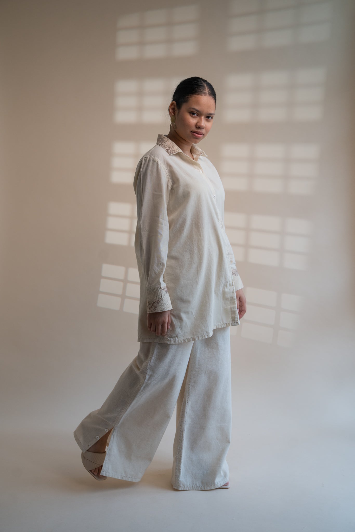 Dawning Draped Shirt by Lafaani with Beige, Casual Wear, Dawning by Lafaani, Denim, Embroidered, Hand Woven Cotton, Kora, Natural, Relaxed Fit, Tops, Womenswear, Wrap Tops at Kamakhyaa for sustainable fashion