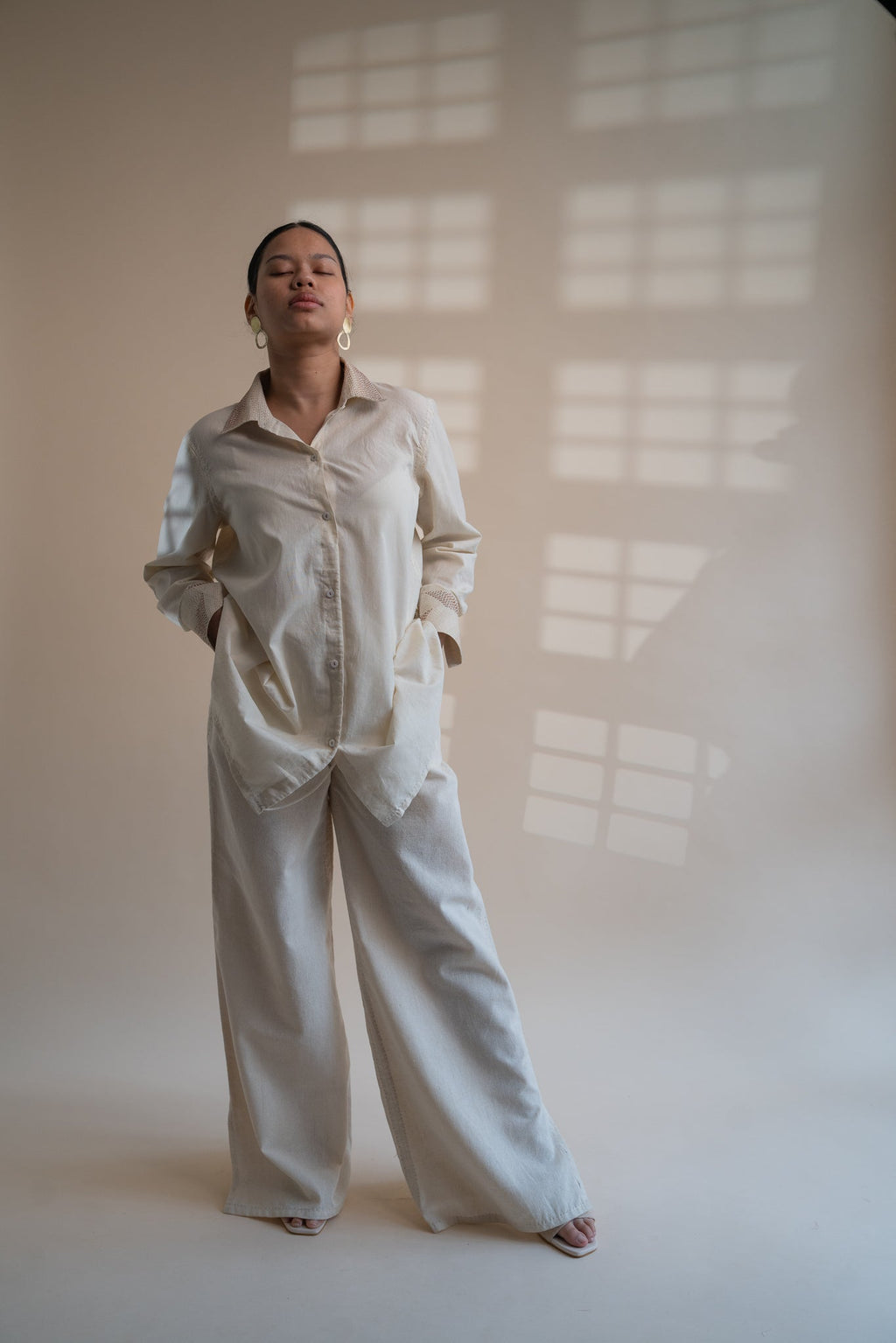 Dawning Draped Shirt by Lafaani with Beige, Casual Wear, Dawning by Lafaani, Denim, Embroidered, Hand Woven Cotton, Kora, Natural, Relaxed Fit, Tops, Womenswear, Wrap Tops at Kamakhyaa for sustainable fashion