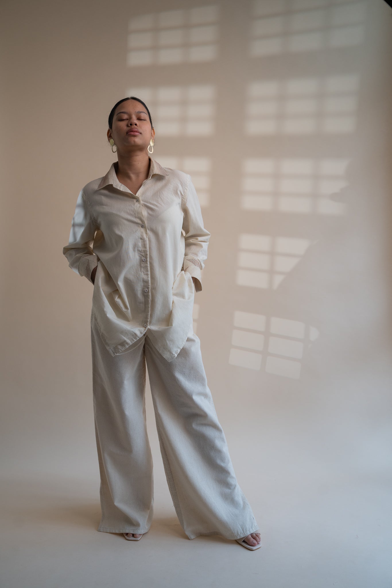 Dawning Draped Shirt by Lafaani with Beige, Casual Wear, Dawning by Lafaani, Denim, Embroidered, Hand Woven Cotton, Kora, Natural, Relaxed Fit, Tops, Womenswear, Wrap Tops at Kamakhyaa for sustainable fashion