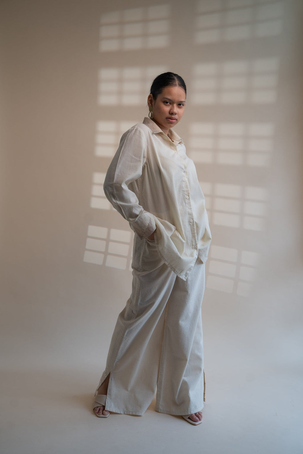 Dawning Draped Shirt by Lafaani with Beige, Casual Wear, Dawning by Lafaani, Denim, Embroidered, Hand Woven Cotton, Kora, Natural, Relaxed Fit, Tops, Womenswear, Wrap Tops at Kamakhyaa for sustainable fashion