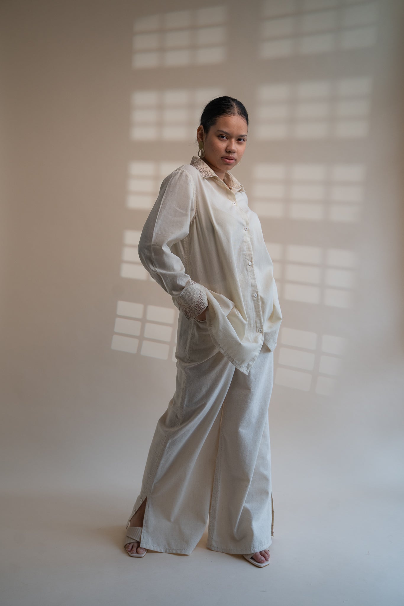 Dawning Draped Shirt by Lafaani with Beige, Casual Wear, Dawning by Lafaani, Denim, Embroidered, Hand Woven Cotton, Kora, Natural, Relaxed Fit, Tops, Womenswear, Wrap Tops at Kamakhyaa for sustainable fashion