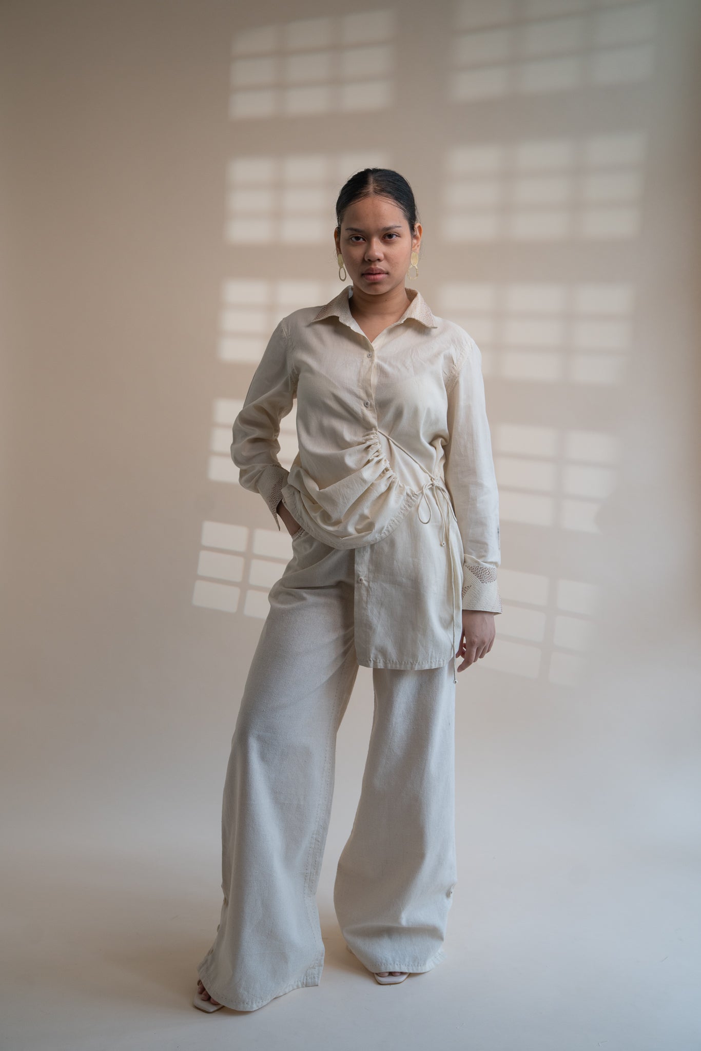 Dawning Draped Shirt by Lafaani with Beige, Casual Wear, Dawning by Lafaani, Denim, Embroidered, Hand Woven Cotton, Kora, Natural, Relaxed Fit, Tops, Womenswear, Wrap Tops at Kamakhyaa for sustainable fashion