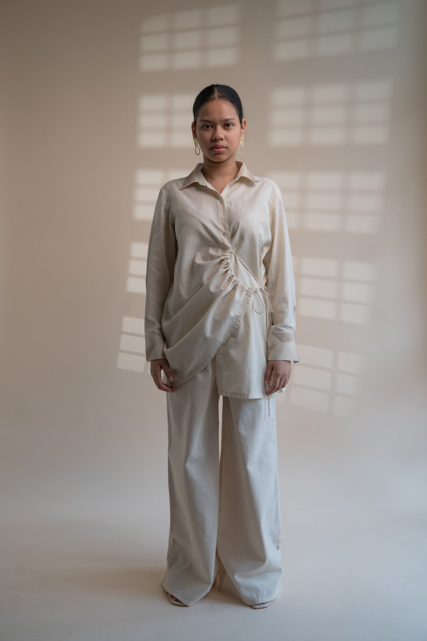 Dawning Draped Shirt by Lafaani with Beige, Casual Wear, Dawning by Lafaani, Denim, Embroidered, Hand Woven Cotton, Kora, Natural, Relaxed Fit, Tops, Womenswear, Wrap Tops at Kamakhyaa for sustainable fashion