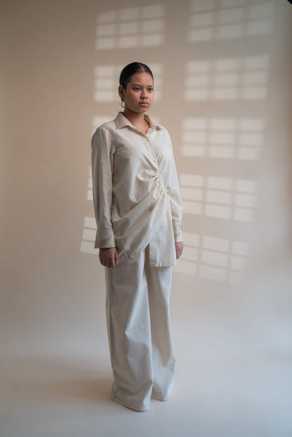 Dawning Draped Shirt by Lafaani with Beige, Casual Wear, Dawning by Lafaani, Denim, Embroidered, Hand Woven Cotton, Kora, Natural, Relaxed Fit, Tops, Womenswear, Wrap Tops at Kamakhyaa for sustainable fashion