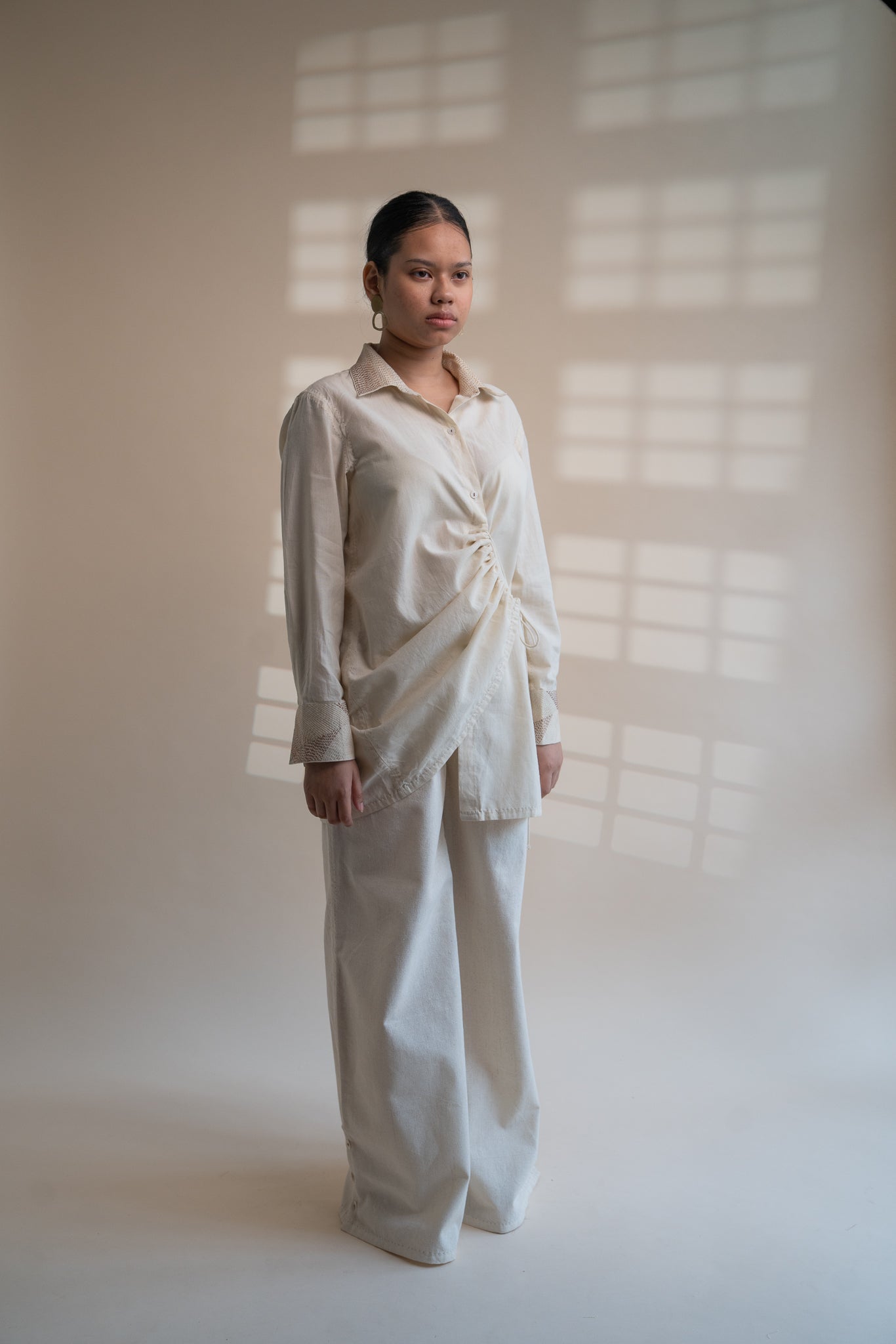 Dawning Draped Shirt by Lafaani with Beige, Casual Wear, Dawning by Lafaani, Denim, Embroidered, Hand Woven Cotton, Kora, Natural, Relaxed Fit, Tops, Womenswear, Wrap Tops at Kamakhyaa for sustainable fashion
