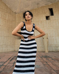 Blue & White Stripe Midi Dress by Meko Studio with Blue, Casual Wear, Hand Knitted, July Sale, July Sale 2023, Midi Dresses, Recycled Cotton, Recycled Polyster, Relaxed Fit, Sleeveless Dresses, Stripes, Tranquil AW-22/23, Tranquil by Meko Studio, White, Womenswear at Kamakhyaa for sustainable fashion
