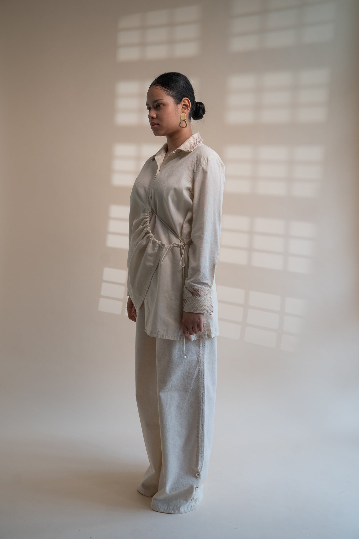 Dawning Draped Shirt by Lafaani with Beige, Casual Wear, Dawning by Lafaani, Denim, Embroidered, Hand Woven Cotton, Kora, Natural, Relaxed Fit, Tops, Womenswear, Wrap Tops at Kamakhyaa for sustainable fashion