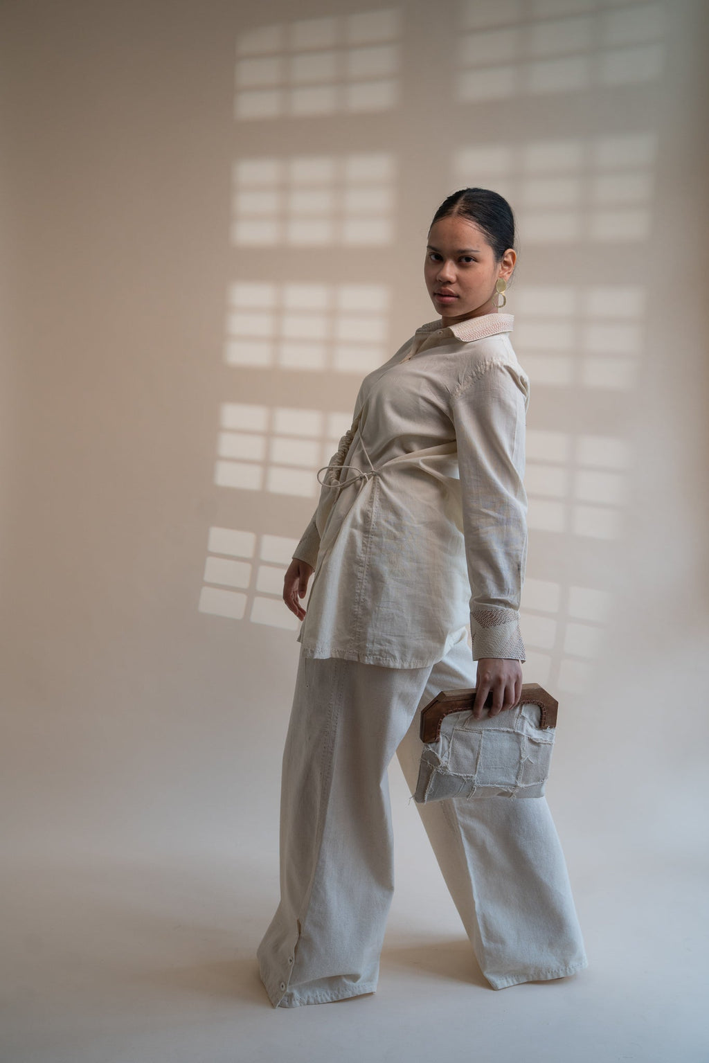 Dawning Draped Shirt by Lafaani with Beige, Casual Wear, Dawning by Lafaani, Denim, Embroidered, Hand Woven Cotton, Kora, Natural, Relaxed Fit, Tops, Womenswear, Wrap Tops at Kamakhyaa for sustainable fashion