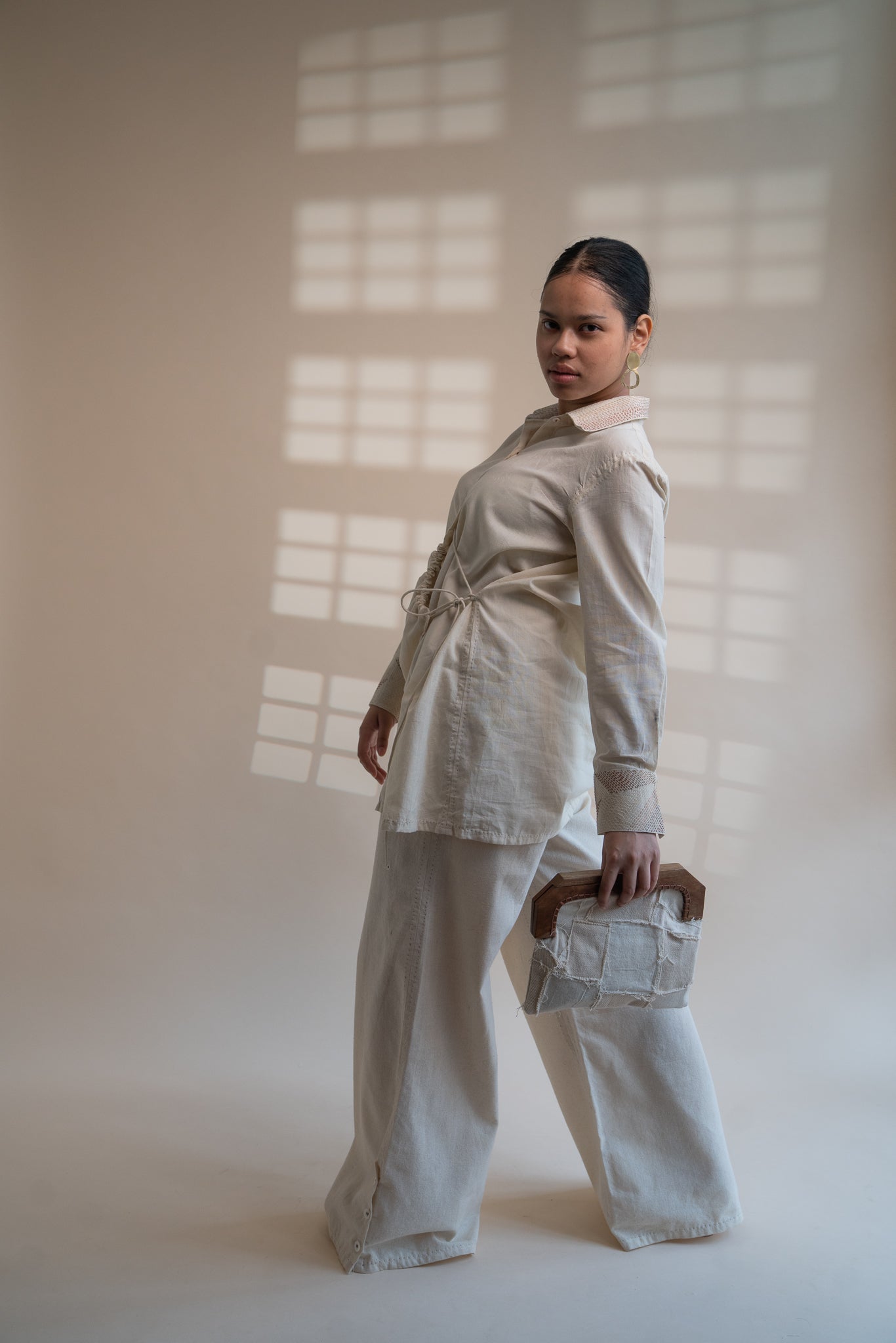 Dawning Draped Shirt by Lafaani with Beige, Casual Wear, Dawning by Lafaani, Denim, Embroidered, Hand Woven Cotton, Kora, Natural, Relaxed Fit, Tops, Womenswear, Wrap Tops at Kamakhyaa for sustainable fashion