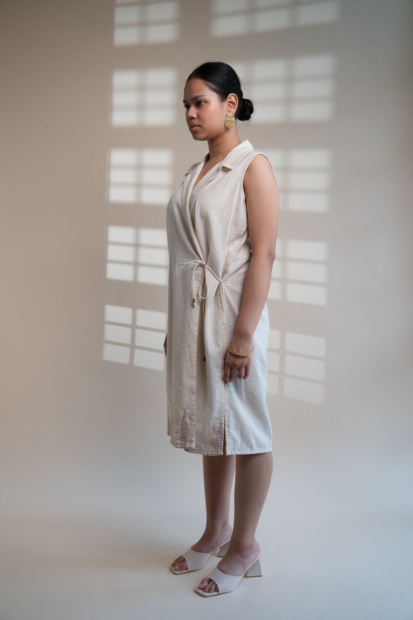 Dawning Tie Up Dress by Lafaani with Beige, Casual Wear, Dawning by Lafaani, Denim, Embroidered, Hand Woven Cotton, Kora, Natural, Regular Fit, Womenswear, Wrap Dresses at Kamakhyaa for sustainable fashion