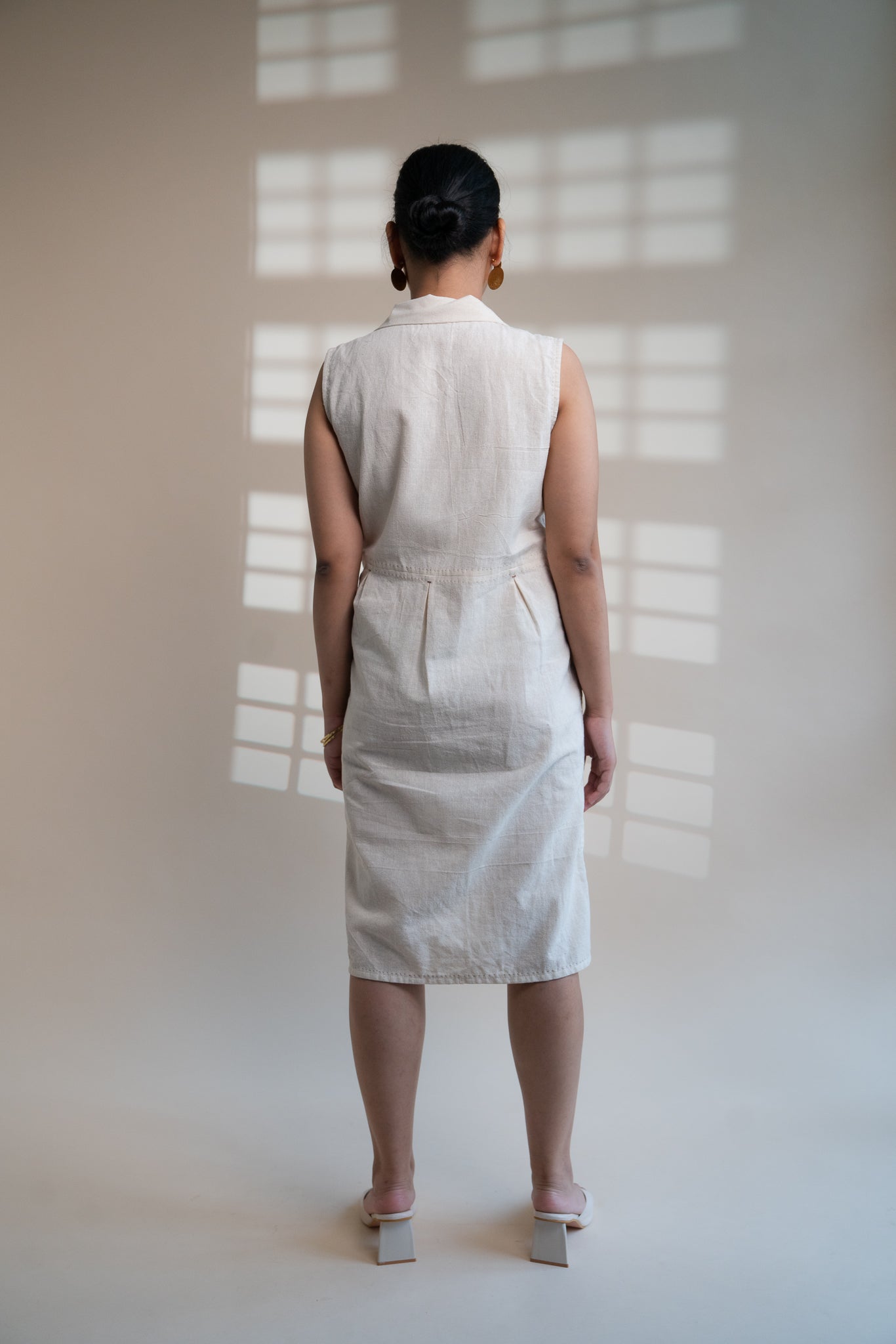 Dawning Tie Up Dress by Lafaani with Beige, Casual Wear, Dawning by Lafaani, Denim, Embroidered, Hand Woven Cotton, Kora, Natural, Regular Fit, Womenswear, Wrap Dresses at Kamakhyaa for sustainable fashion