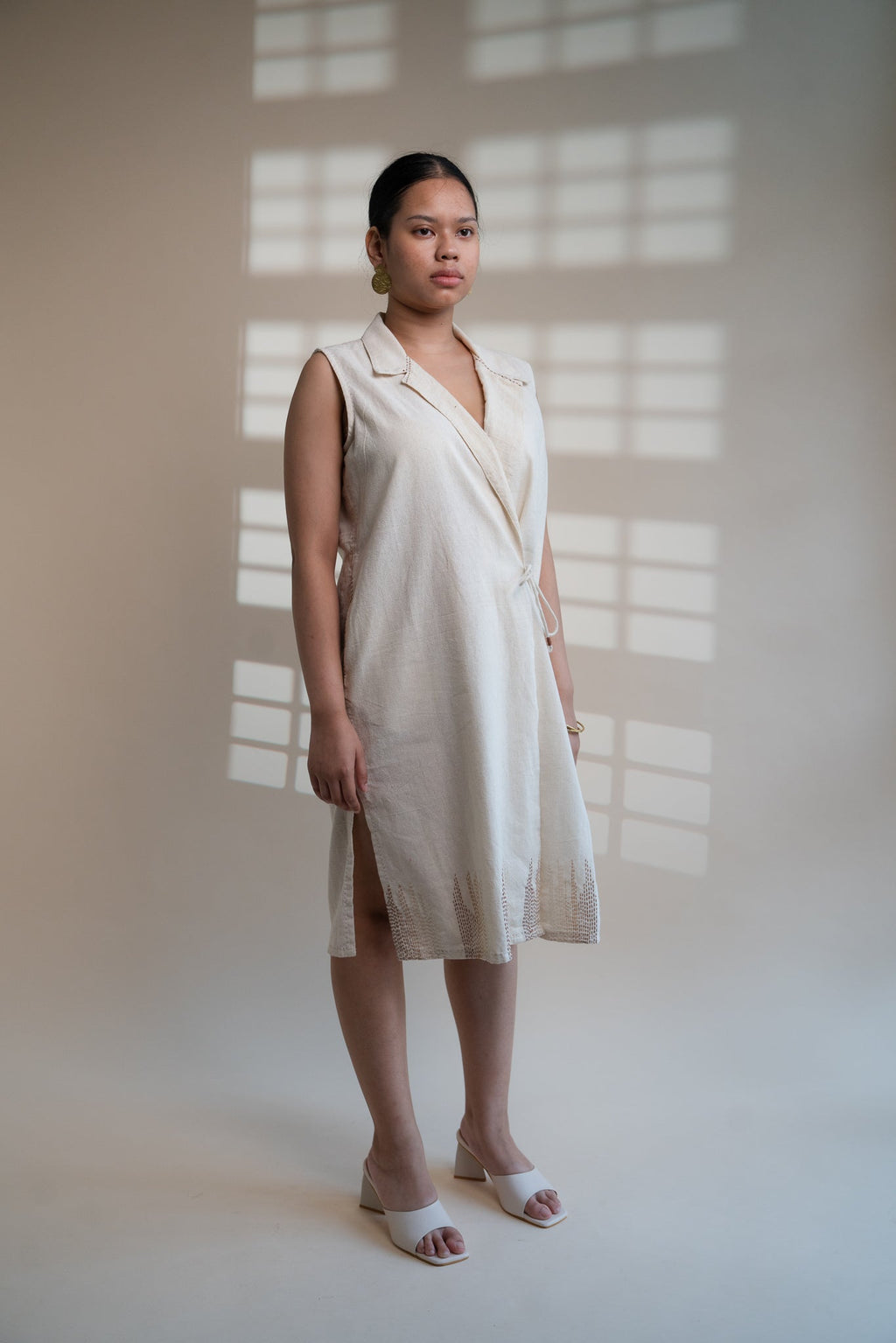 Dawning Tie Up Dress by Lafaani with Beige, Casual Wear, Dawning by Lafaani, Denim, Embroidered, Hand Woven Cotton, Kora, Natural, Regular Fit, Womenswear, Wrap Dresses at Kamakhyaa for sustainable fashion