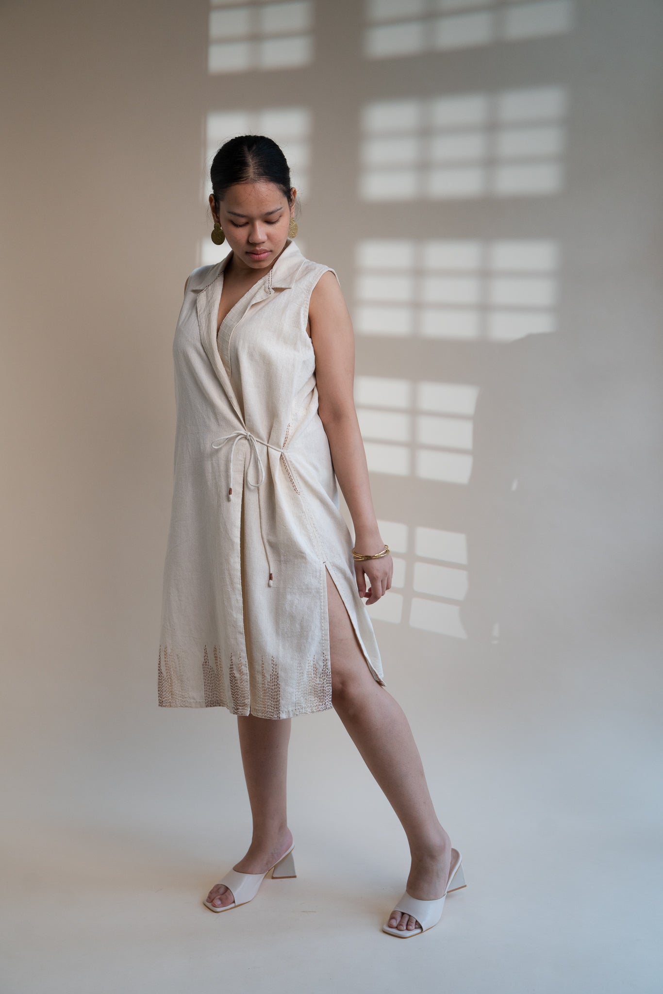 Dawning Tie Up Dress by Lafaani with Beige, Casual Wear, Dawning by Lafaani, Denim, Embroidered, Hand Woven Cotton, Kora, Natural, Regular Fit, Womenswear, Wrap Dresses at Kamakhyaa for sustainable fashion