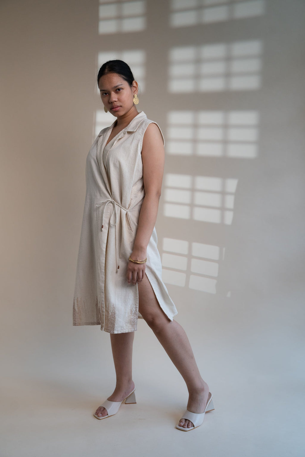 Dawning Tie Up Dress by Lafaani with Beige, Casual Wear, Dawning by Lafaani, Denim, Embroidered, Hand Woven Cotton, Kora, Natural, Regular Fit, Womenswear, Wrap Dresses at Kamakhyaa for sustainable fashion