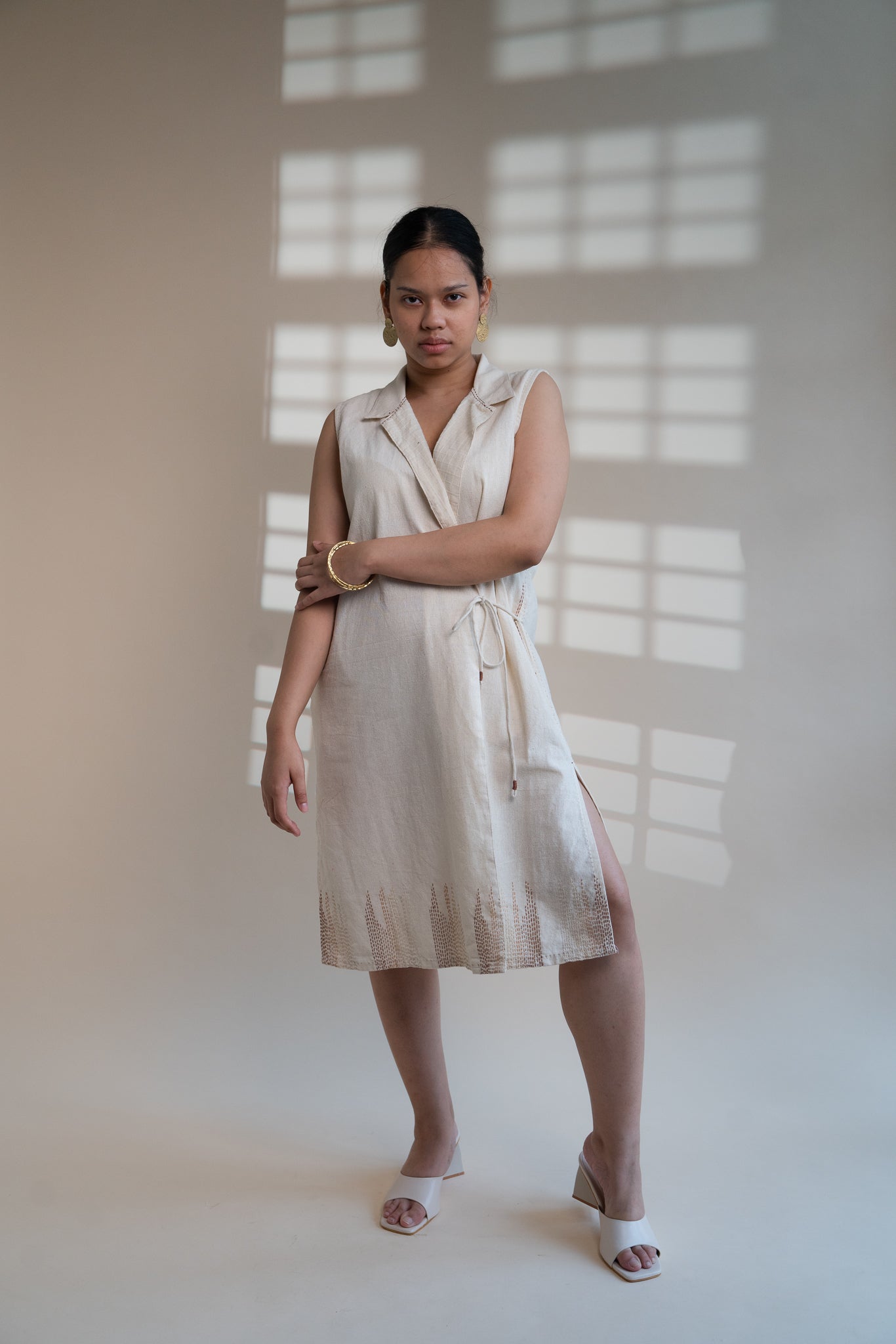 Dawning Tie Up Dress by Lafaani with Beige, Casual Wear, Dawning by Lafaani, Denim, Embroidered, Hand Woven Cotton, Kora, Natural, Regular Fit, Womenswear, Wrap Dresses at Kamakhyaa for sustainable fashion
