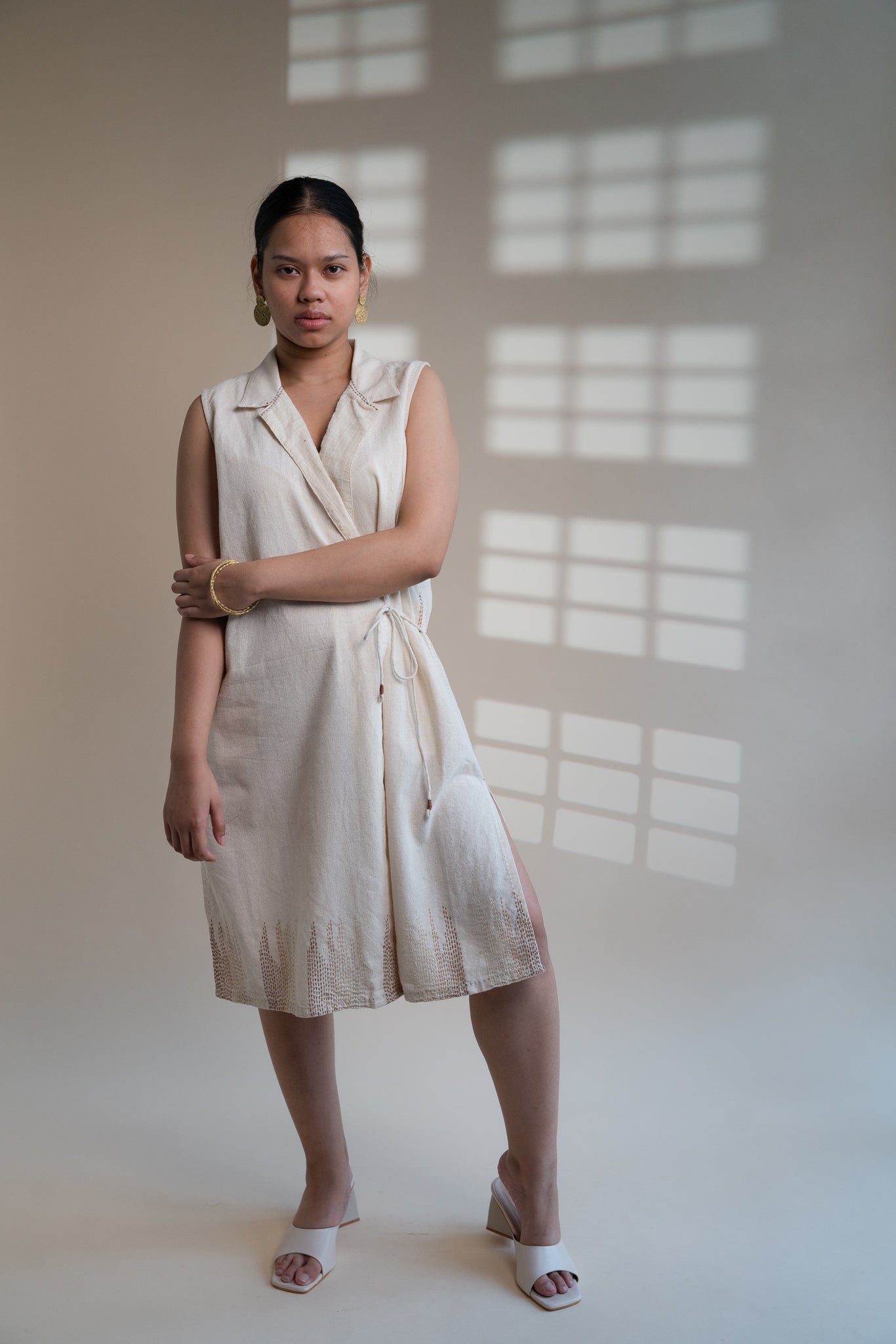 Dawning Tie Up Dress by Lafaani with Beige, Casual Wear, Dawning by Lafaani, Denim, Embroidered, Hand Woven Cotton, Kora, Natural, Regular Fit, Womenswear, Wrap Dresses at Kamakhyaa for sustainable fashion