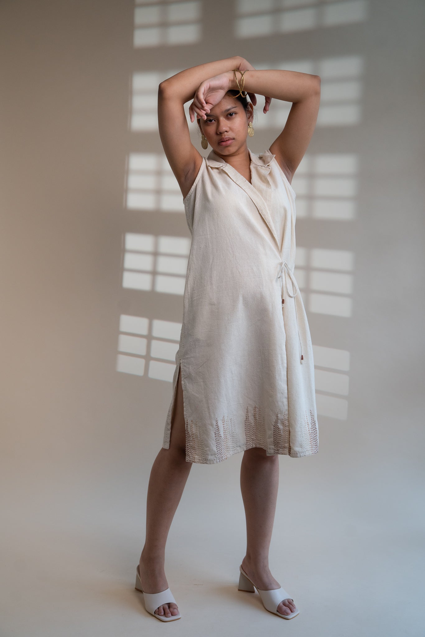 Dawning Tie Up Dress by Lafaani with Beige, Casual Wear, Dawning by Lafaani, Denim, Embroidered, Hand Woven Cotton, Kora, Natural, Regular Fit, Womenswear, Wrap Dresses at Kamakhyaa for sustainable fashion