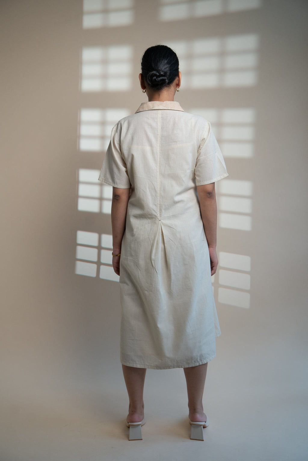 Dawning A Line Dress by Lafaani with Beige, Casual Wear, Dawning by Lafaani, Denim, Kora, Midi Dresses, Natural, Regular Fit, Shirt Dresses, Solids, Womenswear at Kamakhyaa for sustainable fashion