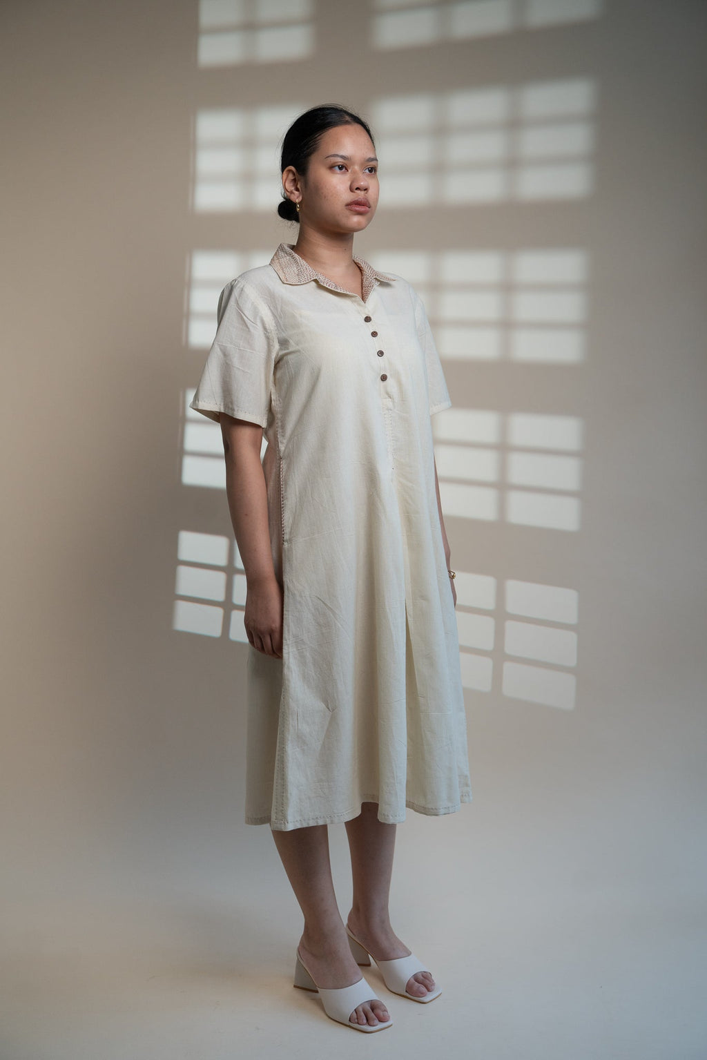 Dawning A Line Dress by Lafaani with Beige, Casual Wear, Dawning by Lafaani, Denim, Kora, Midi Dresses, Natural, Regular Fit, Shirt Dresses, Solids, Womenswear at Kamakhyaa for sustainable fashion