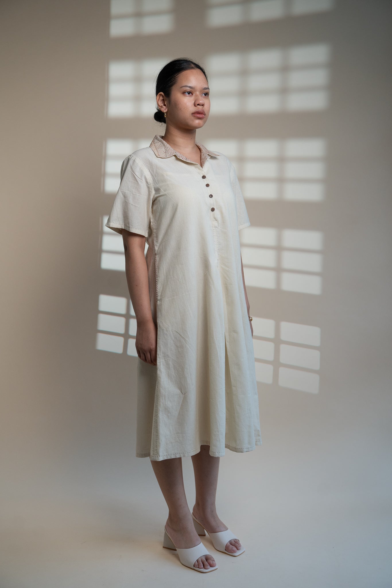 Dawning A Line Dress by Lafaani with Beige, Casual Wear, Dawning by Lafaani, Denim, Kora, Midi Dresses, Natural, Regular Fit, Shirt Dresses, Solids, Womenswear at Kamakhyaa for sustainable fashion