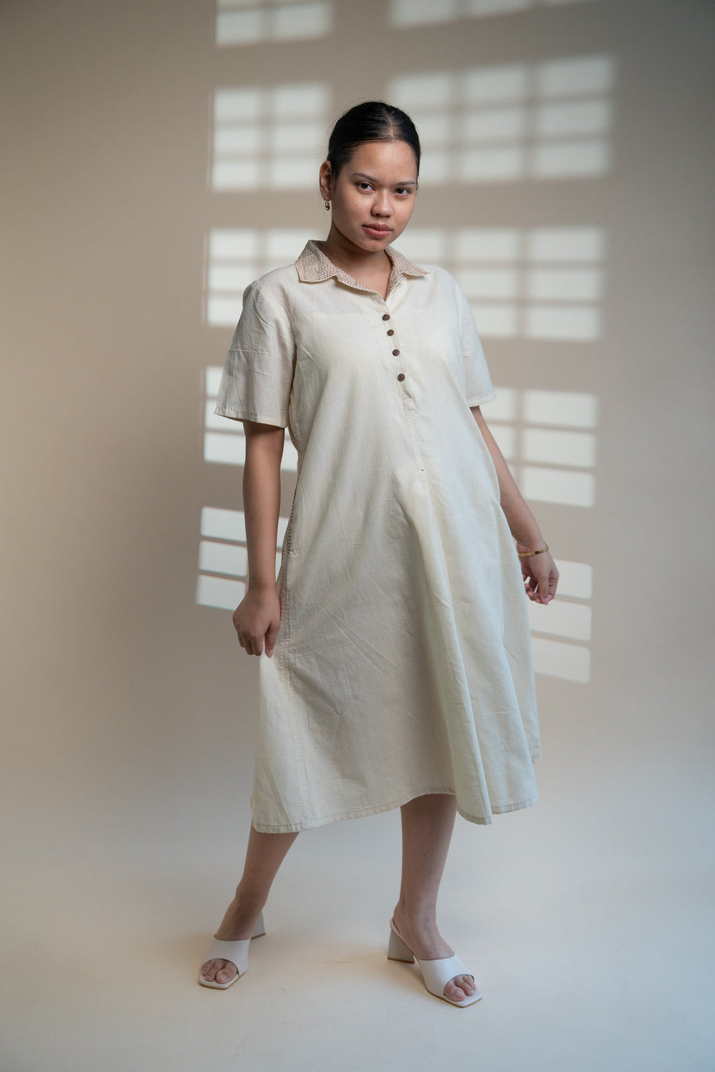 Dawning A Line Dress by Lafaani with Beige, Casual Wear, Dawning by Lafaani, Denim, Kora, Midi Dresses, Natural, Regular Fit, Shirt Dresses, Solids, Womenswear at Kamakhyaa for sustainable fashion