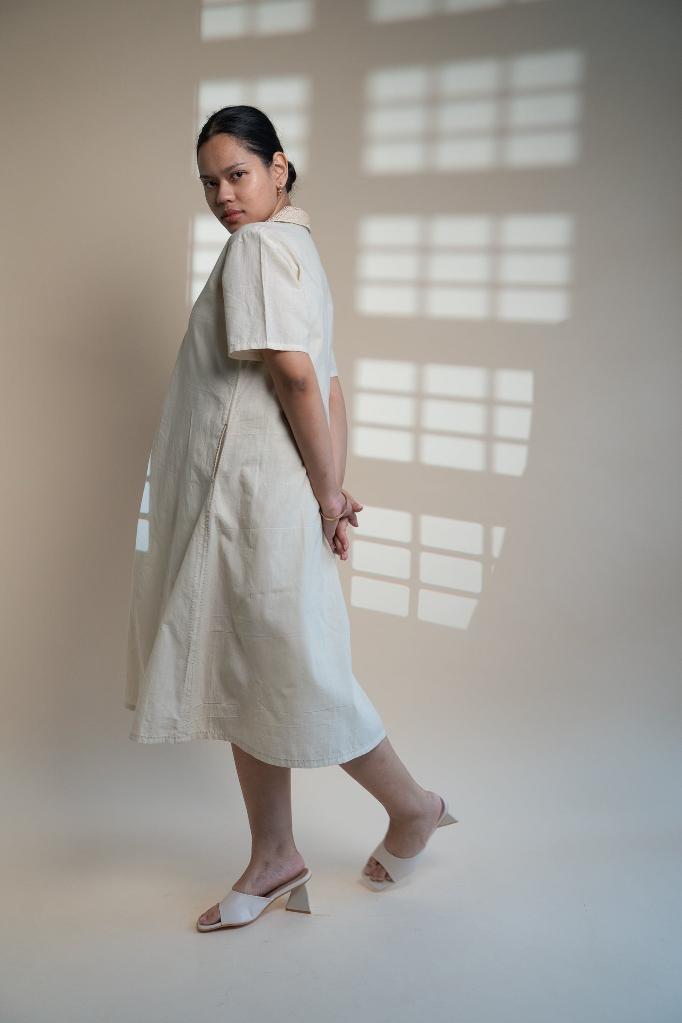 Dawning A Line Dress by Lafaani with Beige, Casual Wear, Dawning by Lafaani, Denim, Kora, Midi Dresses, Natural, Regular Fit, Shirt Dresses, Solids, Womenswear at Kamakhyaa for sustainable fashion
