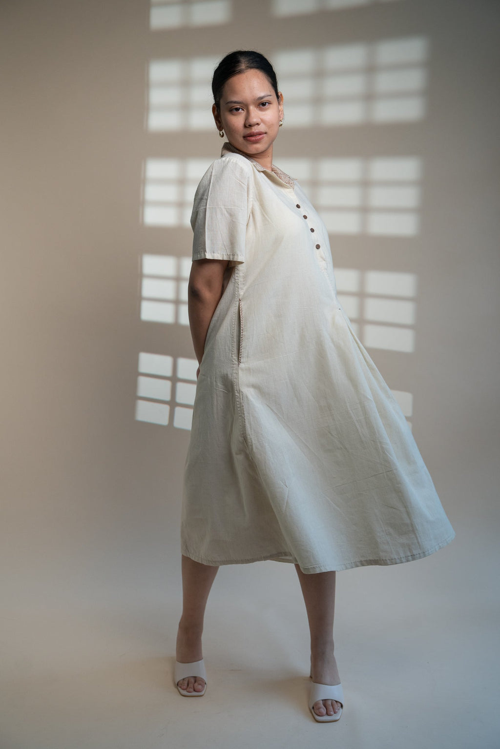 Dawning A Line Dress by Lafaani with Beige, Casual Wear, Dawning by Lafaani, Denim, Kora, Midi Dresses, Natural, Regular Fit, Shirt Dresses, Solids, Womenswear at Kamakhyaa for sustainable fashion