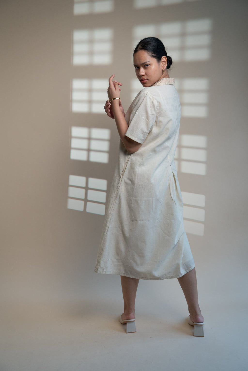 Dawning A Line Dress by Lafaani with Beige, Casual Wear, Dawning by Lafaani, Denim, Kora, Midi Dresses, Natural, Regular Fit, Shirt Dresses, Solids, Womenswear at Kamakhyaa for sustainable fashion