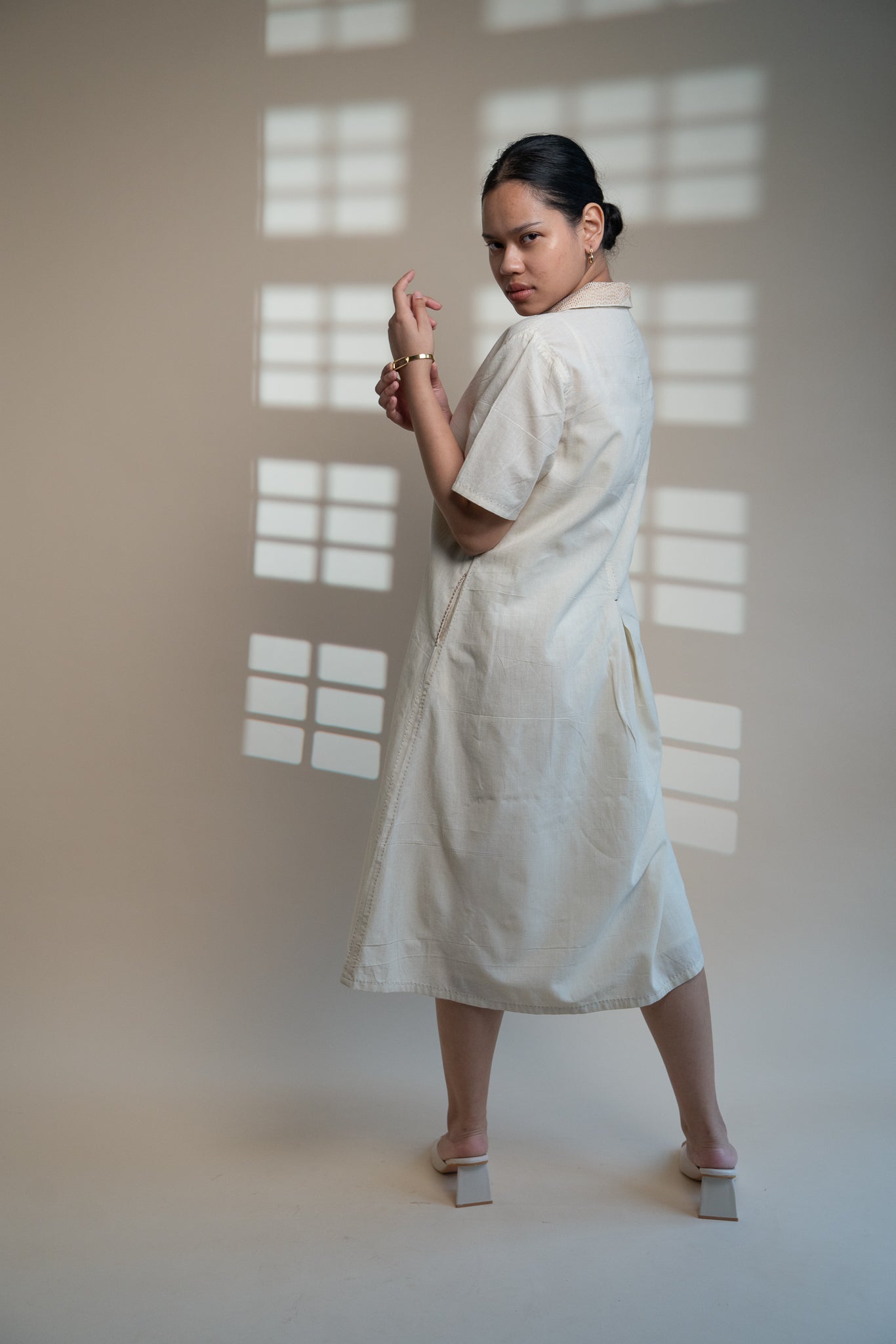 Dawning A Line Dress by Lafaani with Beige, Casual Wear, Dawning by Lafaani, Denim, Kora, Midi Dresses, Natural, Regular Fit, Shirt Dresses, Solids, Womenswear at Kamakhyaa for sustainable fashion