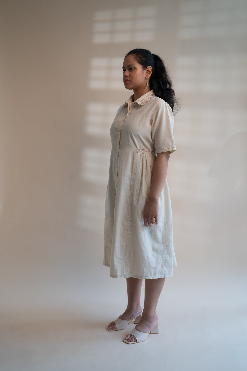 Dawning Button Down Dress by Lafaani with Beige, Casual Wear, Dawning by Lafaani, Denim, Embroidered, Hand Woven Cotton, Kora, Natural, Regular Fit, Shirt Dresses, Shirts, Womenswear at Kamakhyaa for sustainable fashion