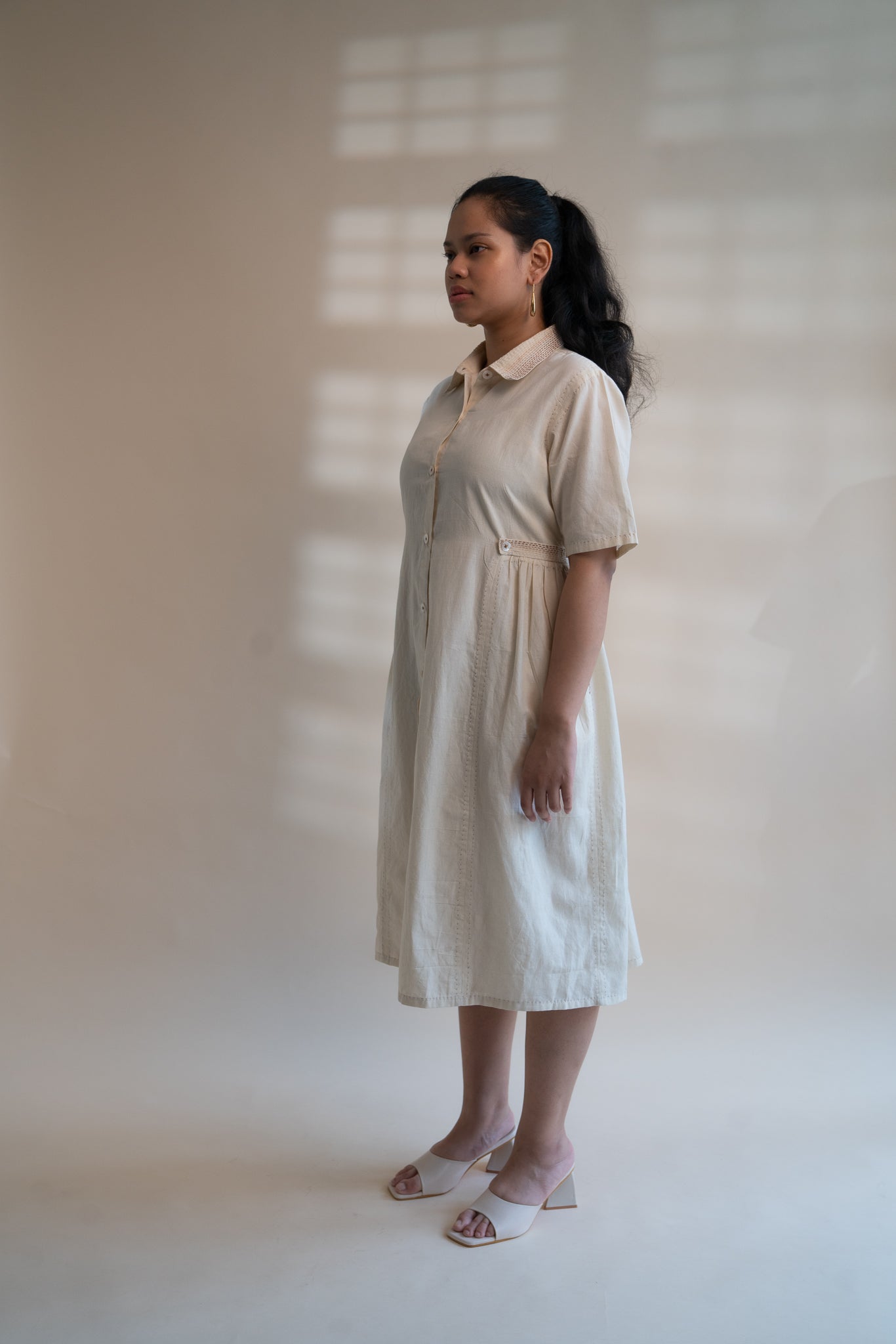 Dawning Button Down Dress by Lafaani with Beige, Casual Wear, Dawning by Lafaani, Denim, Embroidered, Hand Woven Cotton, Kora, Natural, Regular Fit, Shirt Dresses, Shirts, Womenswear at Kamakhyaa for sustainable fashion