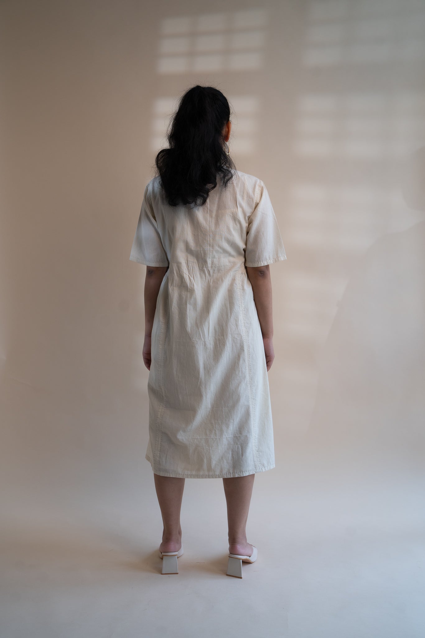 Dawning Button Down Dress by Lafaani with Beige, Casual Wear, Dawning by Lafaani, Denim, Embroidered, Hand Woven Cotton, Kora, Natural, Regular Fit, Shirt Dresses, Shirts, Womenswear at Kamakhyaa for sustainable fashion