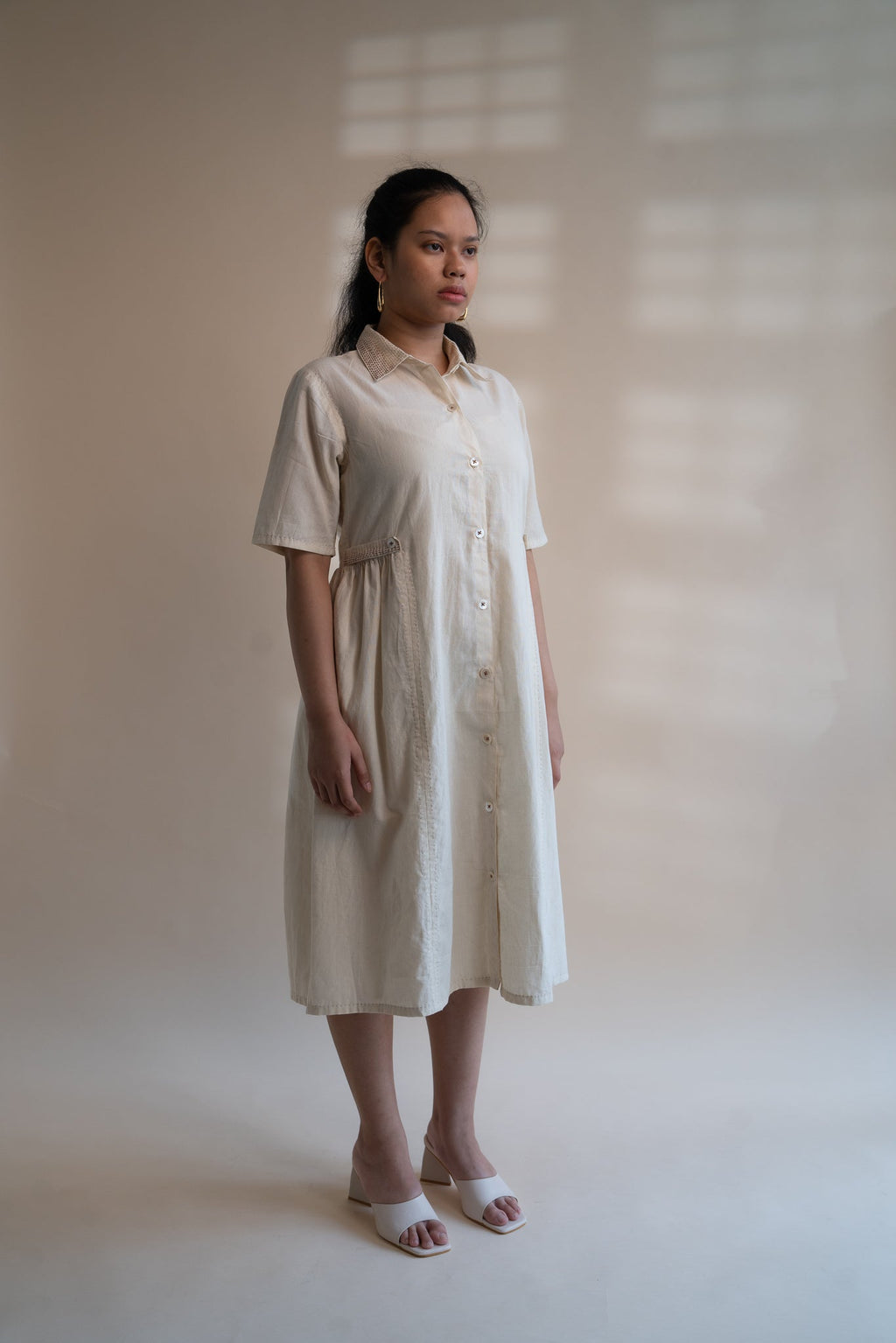 Dawning Button Down Dress by Lafaani with Beige, Casual Wear, Dawning by Lafaani, Denim, Embroidered, Hand Woven Cotton, Kora, Natural, Regular Fit, Shirt Dresses, Shirts, Womenswear at Kamakhyaa for sustainable fashion