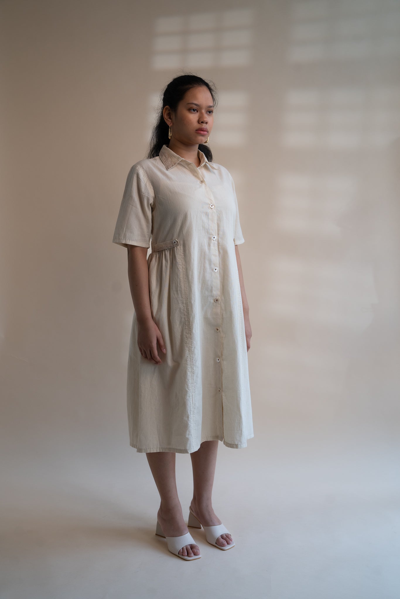 Dawning Button Down Dress by Lafaani with Beige, Casual Wear, Dawning by Lafaani, Denim, Embroidered, Hand Woven Cotton, Kora, Natural, Regular Fit, Shirt Dresses, Shirts, Womenswear at Kamakhyaa for sustainable fashion