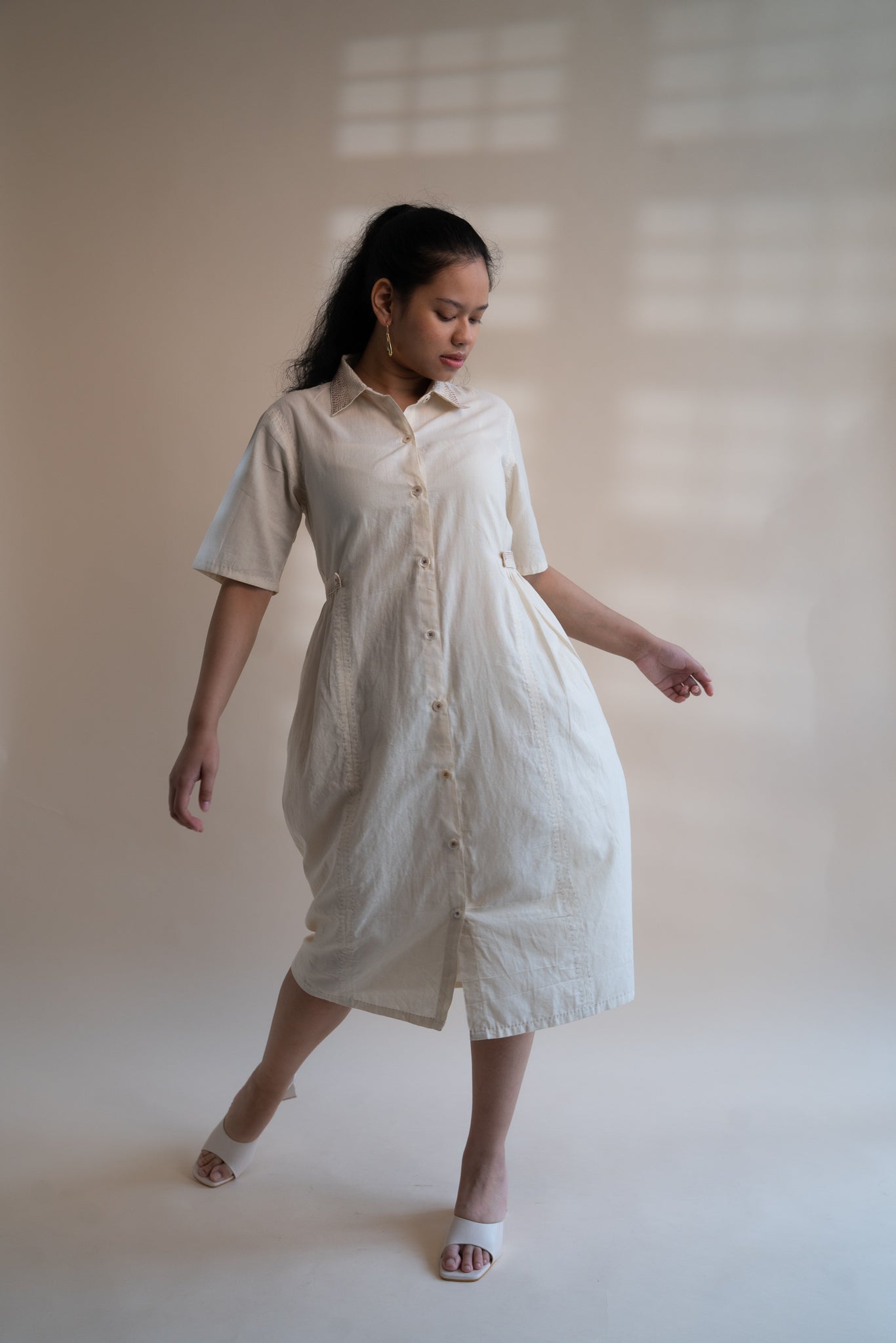 Dawning Button Down Dress by Lafaani with Beige, Casual Wear, Dawning by Lafaani, Denim, Embroidered, Hand Woven Cotton, Kora, Natural, Regular Fit, Shirt Dresses, Shirts, Womenswear at Kamakhyaa for sustainable fashion