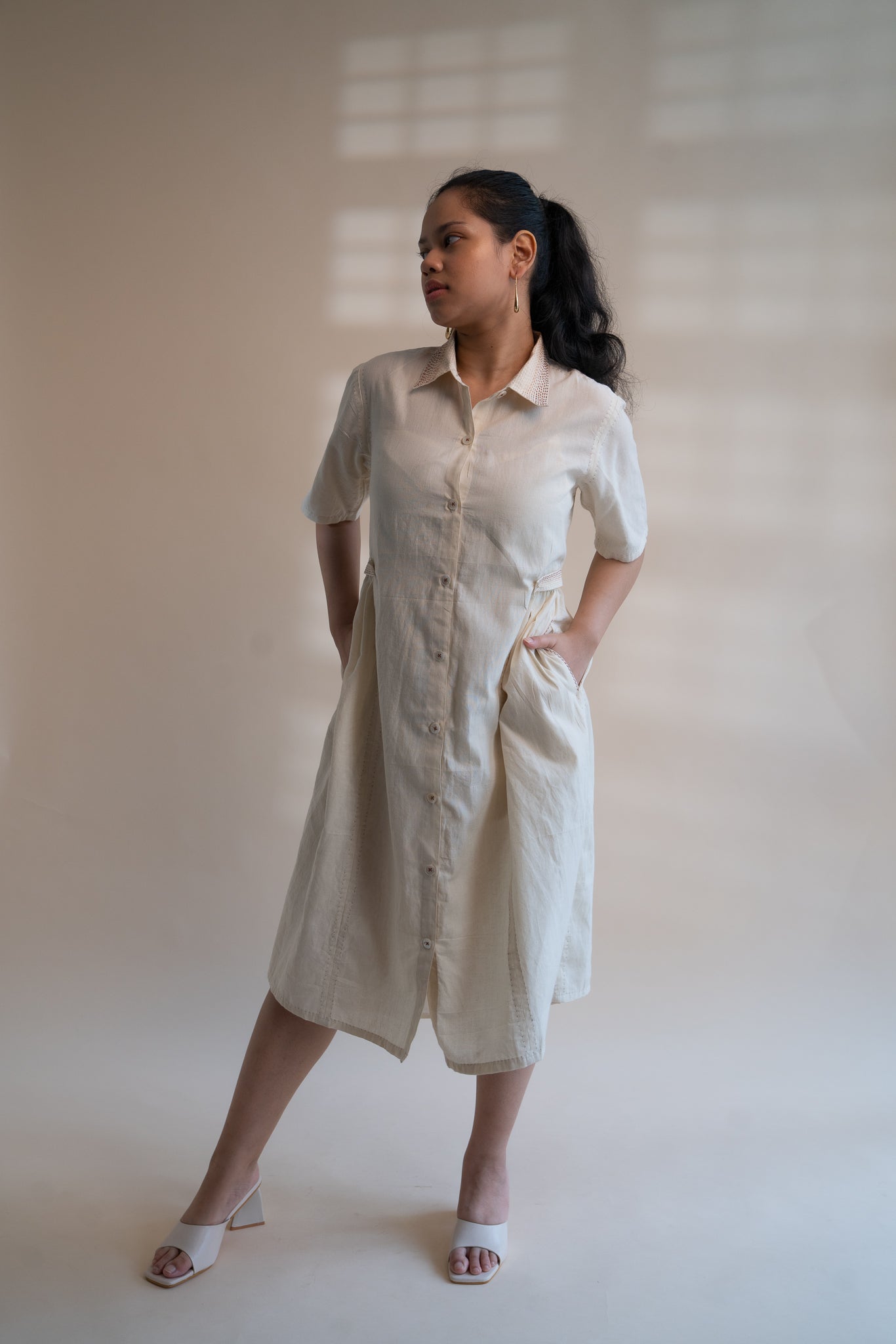 Dawning Button Down Dress by Lafaani with Beige, Casual Wear, Dawning by Lafaani, Denim, Embroidered, Hand Woven Cotton, Kora, Natural, Regular Fit, Shirt Dresses, Shirts, Womenswear at Kamakhyaa for sustainable fashion