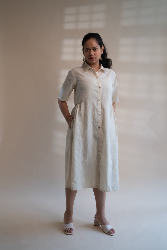 Dawning Button Down Dress by Lafaani with Beige, Casual Wear, Dawning by Lafaani, Denim, Embroidered, Hand Woven Cotton, Kora, Natural, Regular Fit, Shirt Dresses, Shirts, Womenswear at Kamakhyaa for sustainable fashion