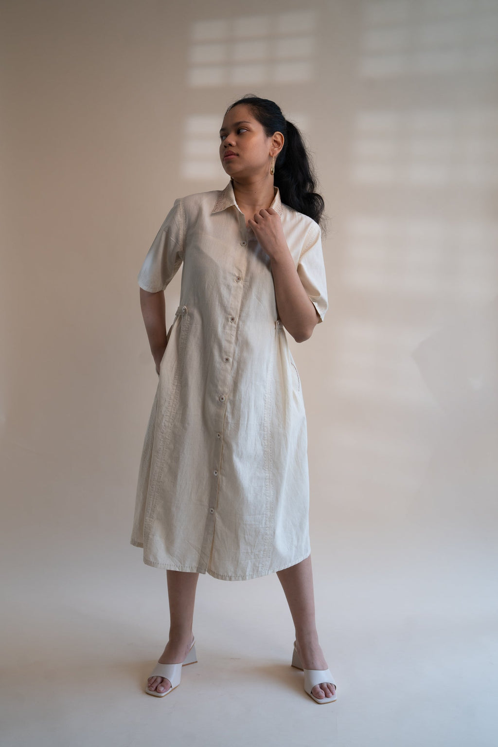 Dawning Button Down Dress by Lafaani with Beige, Casual Wear, Dawning by Lafaani, Denim, Embroidered, Hand Woven Cotton, Kora, Natural, Regular Fit, Shirt Dresses, Shirts, Womenswear at Kamakhyaa for sustainable fashion