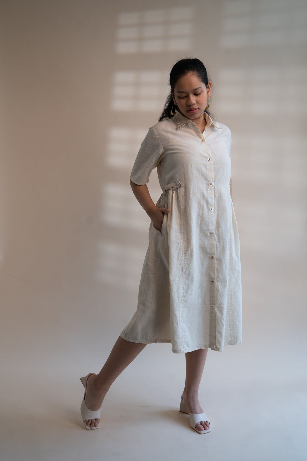 Dawning Button Down Dress by Lafaani with Beige, Casual Wear, Dawning by Lafaani, Denim, Embroidered, Hand Woven Cotton, Kora, Natural, Regular Fit, Shirt Dresses, Shirts, Womenswear at Kamakhyaa for sustainable fashion