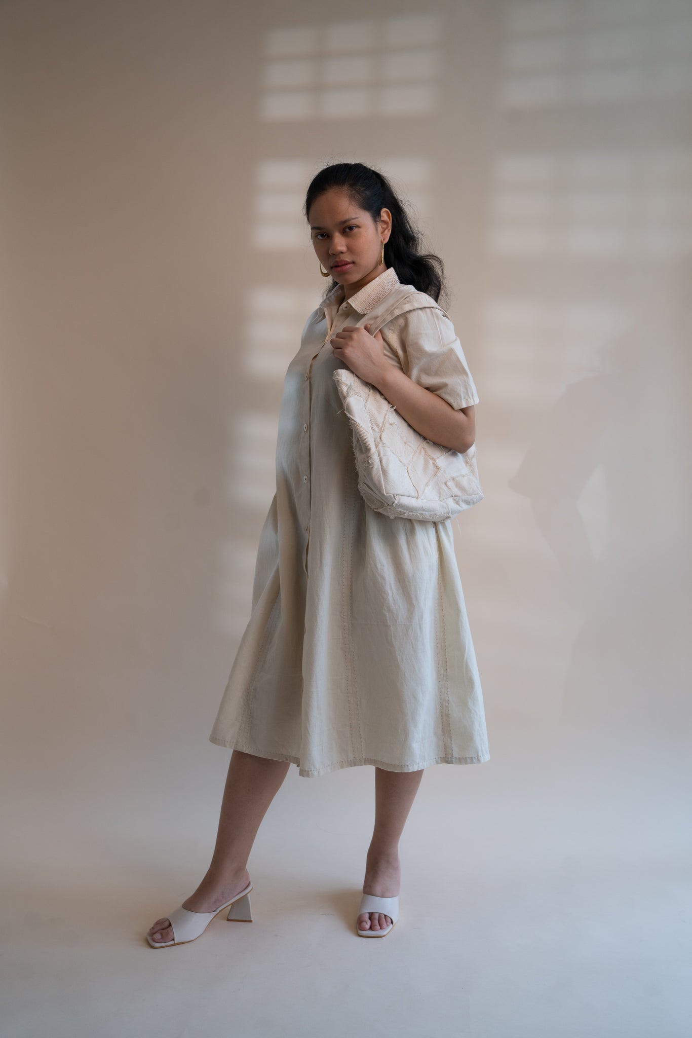 Dawning Button Down Dress by Lafaani with Beige, Casual Wear, Dawning by Lafaani, Denim, Embroidered, Hand Woven Cotton, Kora, Natural, Regular Fit, Shirt Dresses, Shirts, Womenswear at Kamakhyaa for sustainable fashion
