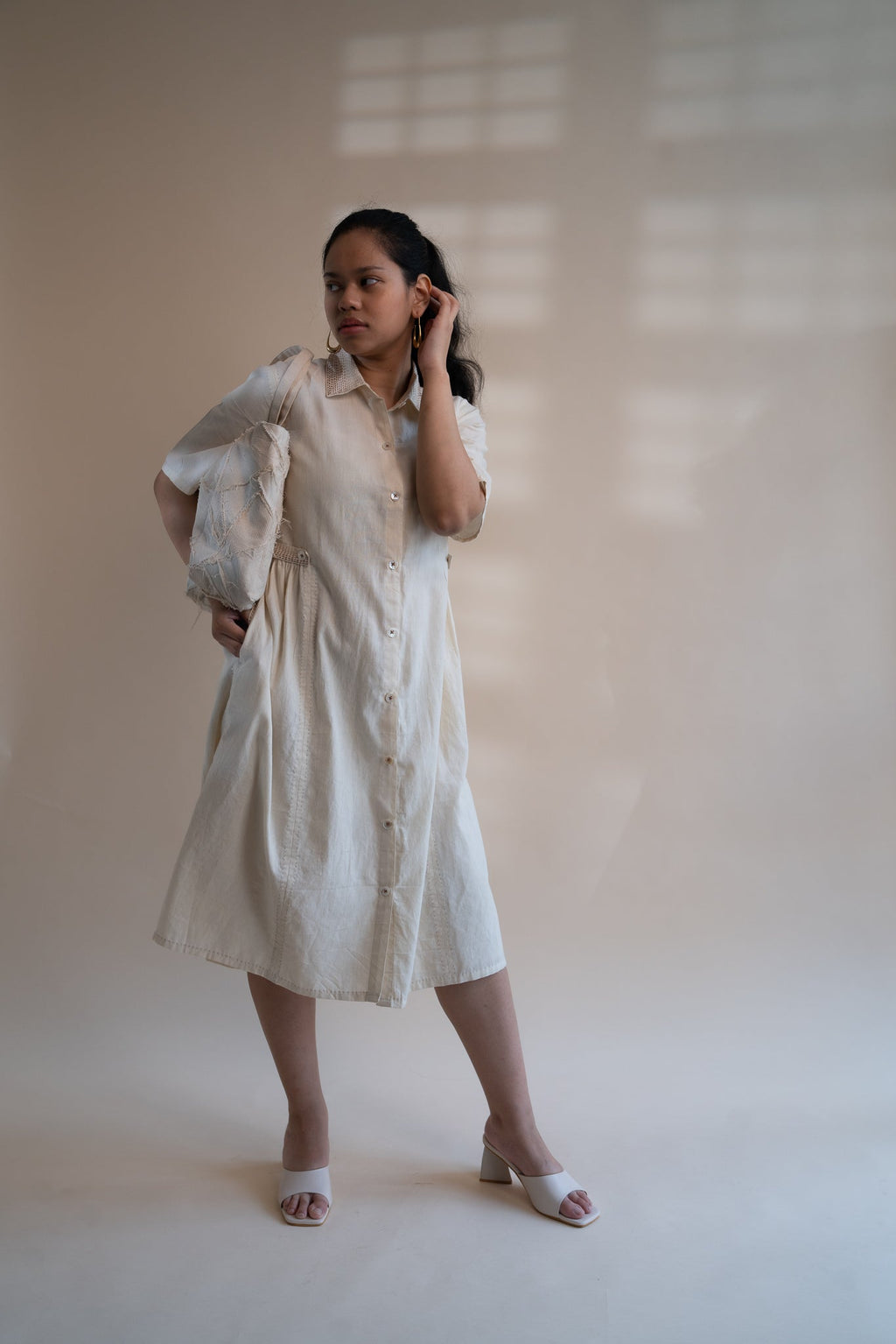 Dawning Button Down Dress by Lafaani with Beige, Casual Wear, Dawning by Lafaani, Denim, Embroidered, Hand Woven Cotton, Kora, Natural, Regular Fit, Shirt Dresses, Shirts, Womenswear at Kamakhyaa for sustainable fashion