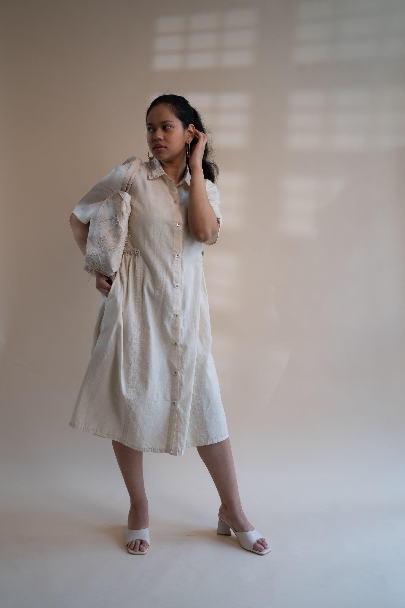 Dawning Button Down Dress by Lafaani with Beige, Casual Wear, Dawning by Lafaani, Denim, Embroidered, Hand Woven Cotton, Kora, Natural, Regular Fit, Shirt Dresses, Shirts, Womenswear at Kamakhyaa for sustainable fashion